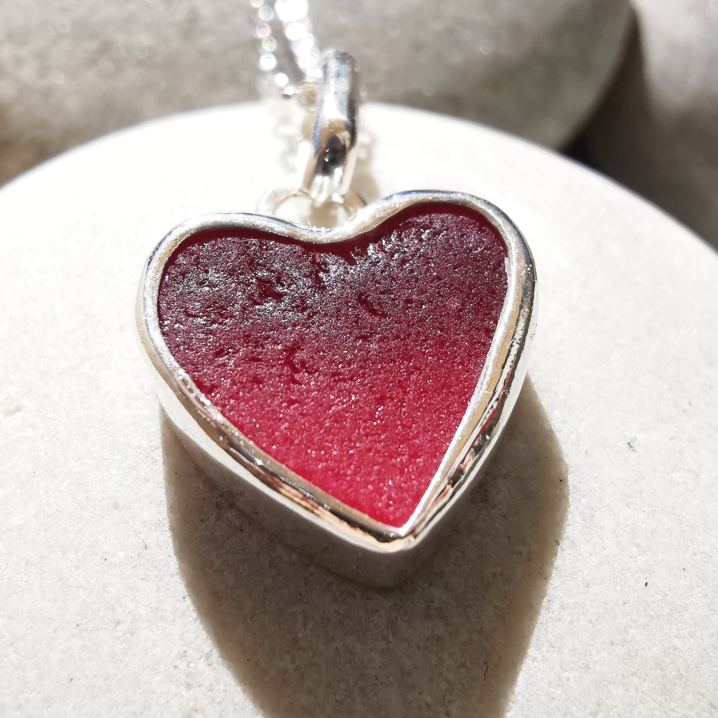 Magenta pink sea glass heart & sterling silver pendant.