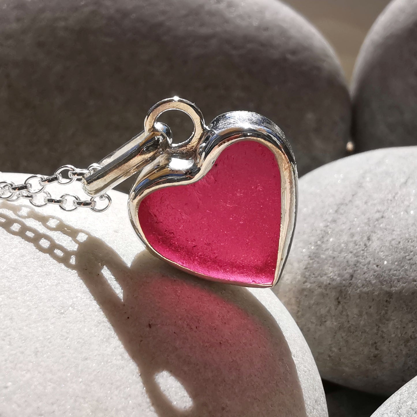 Magenta pink sea glass heart & sterling silver pendant.
