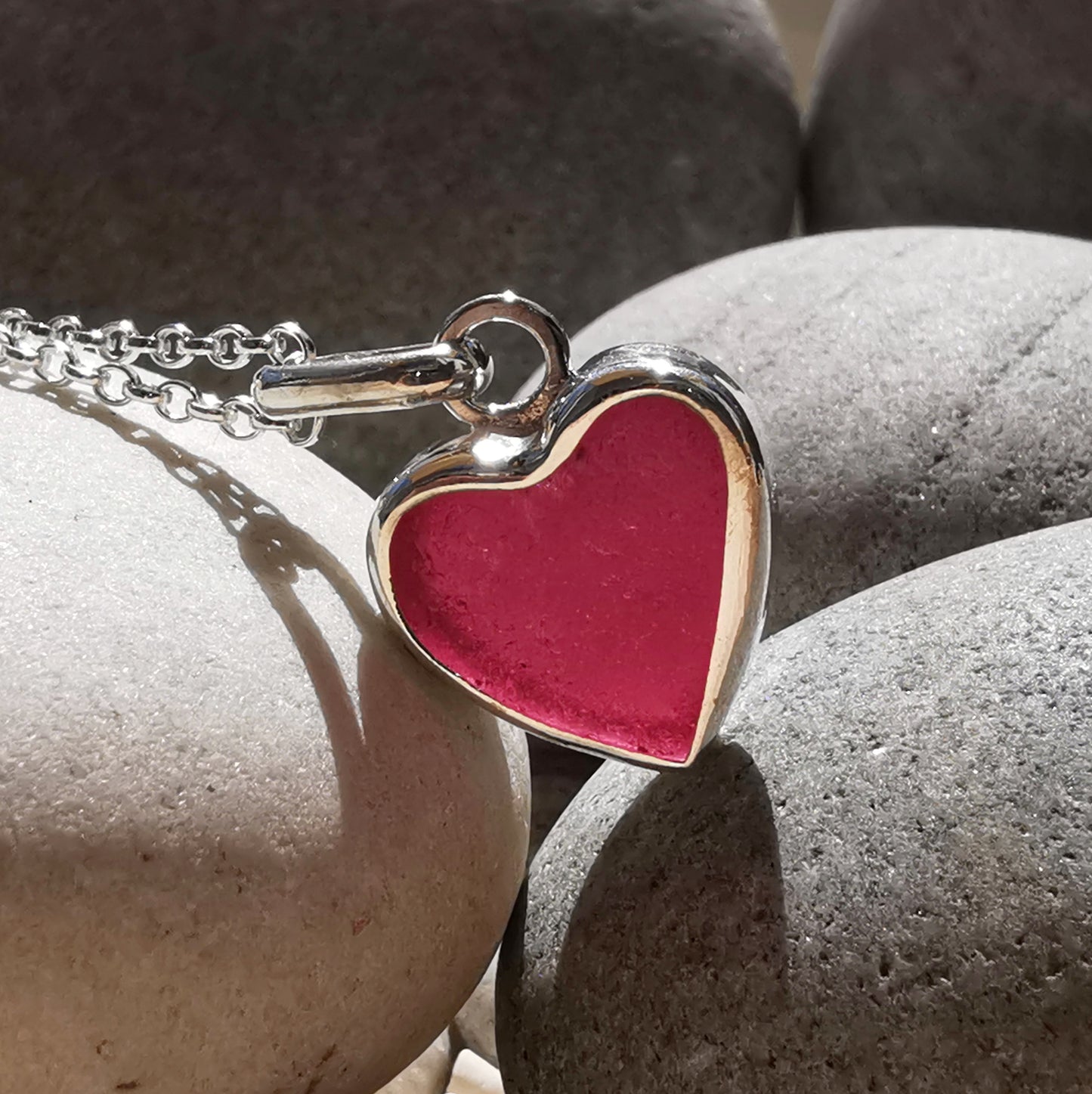 Magenta pink sea glass heart & sterling silver pendant.
