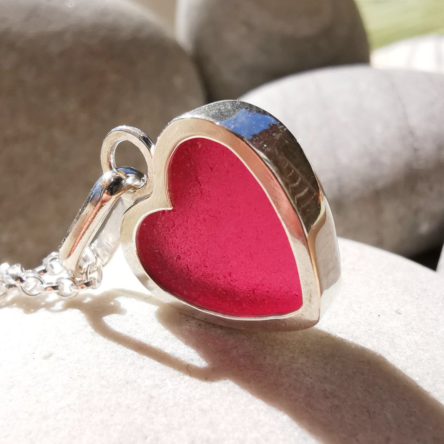 Magenta pink sea glass heart & sterling silver pendant.