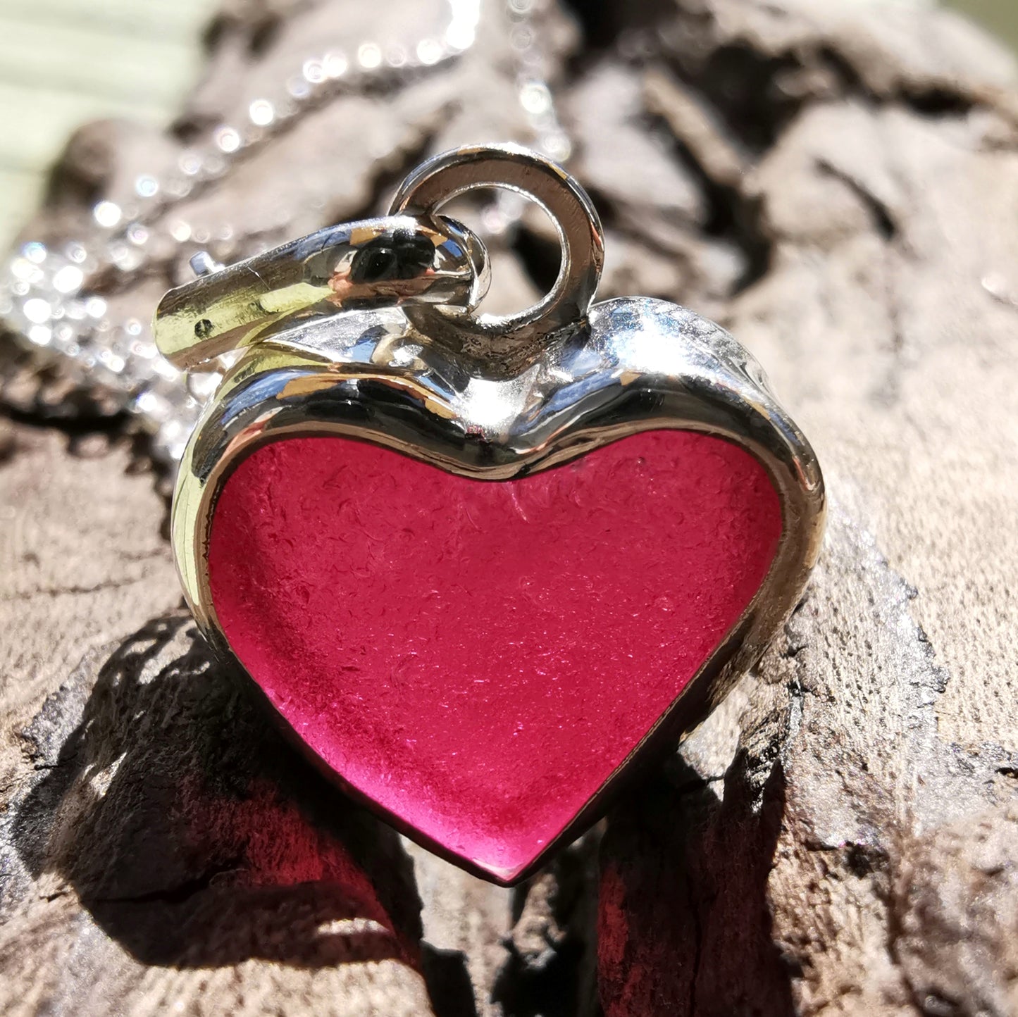 Magenta pink sea glass heart & sterling silver pendant.