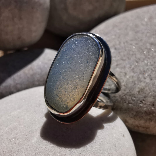 Seaham opalescent sea glass & sterling silver ring.