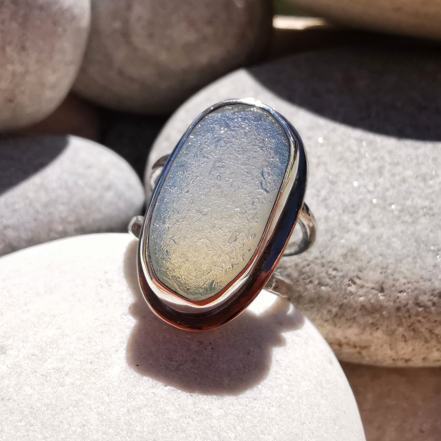 Seaham opalescent sea glass & sterling silver ring.
