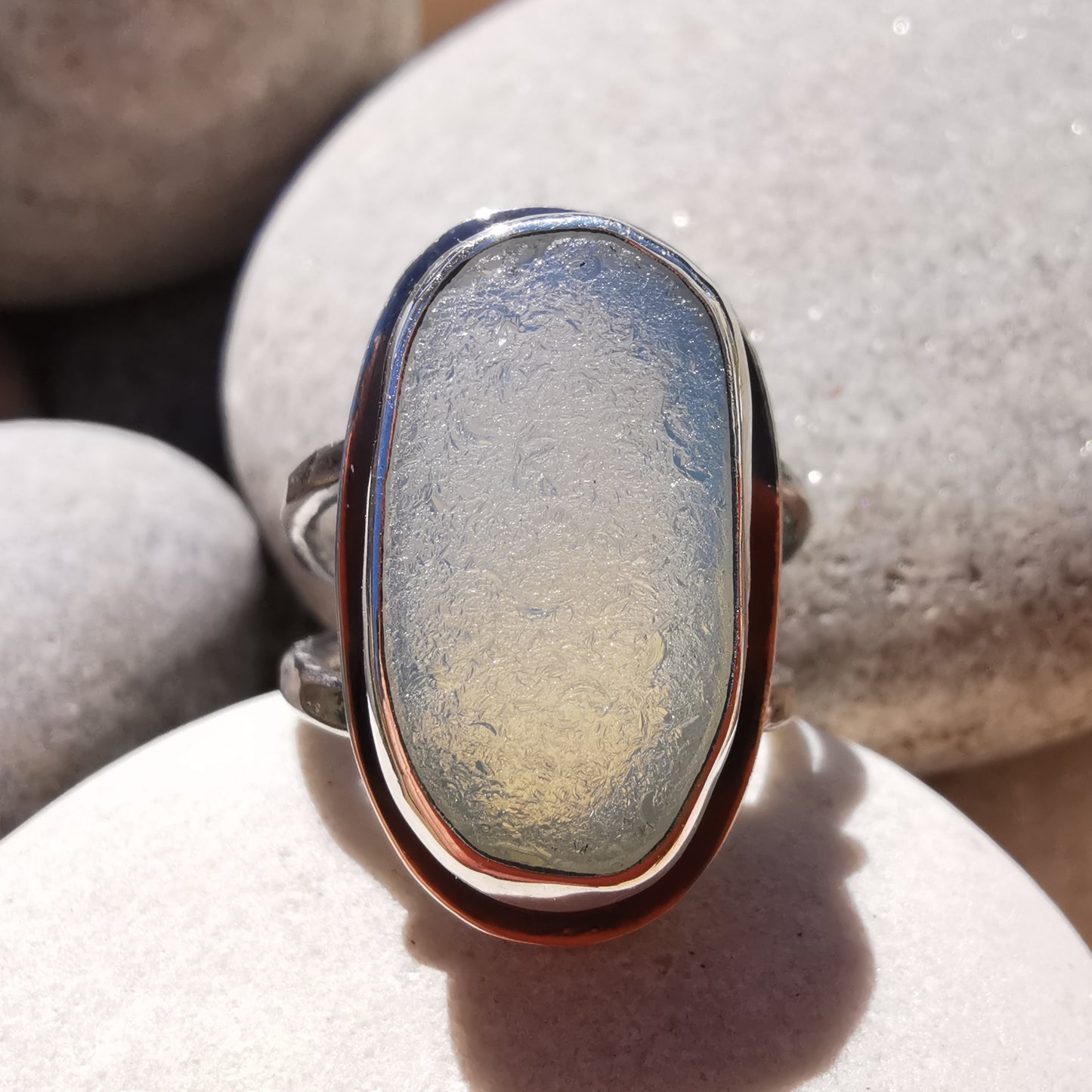 Seaham opalescent sea glass & sterling silver ring.