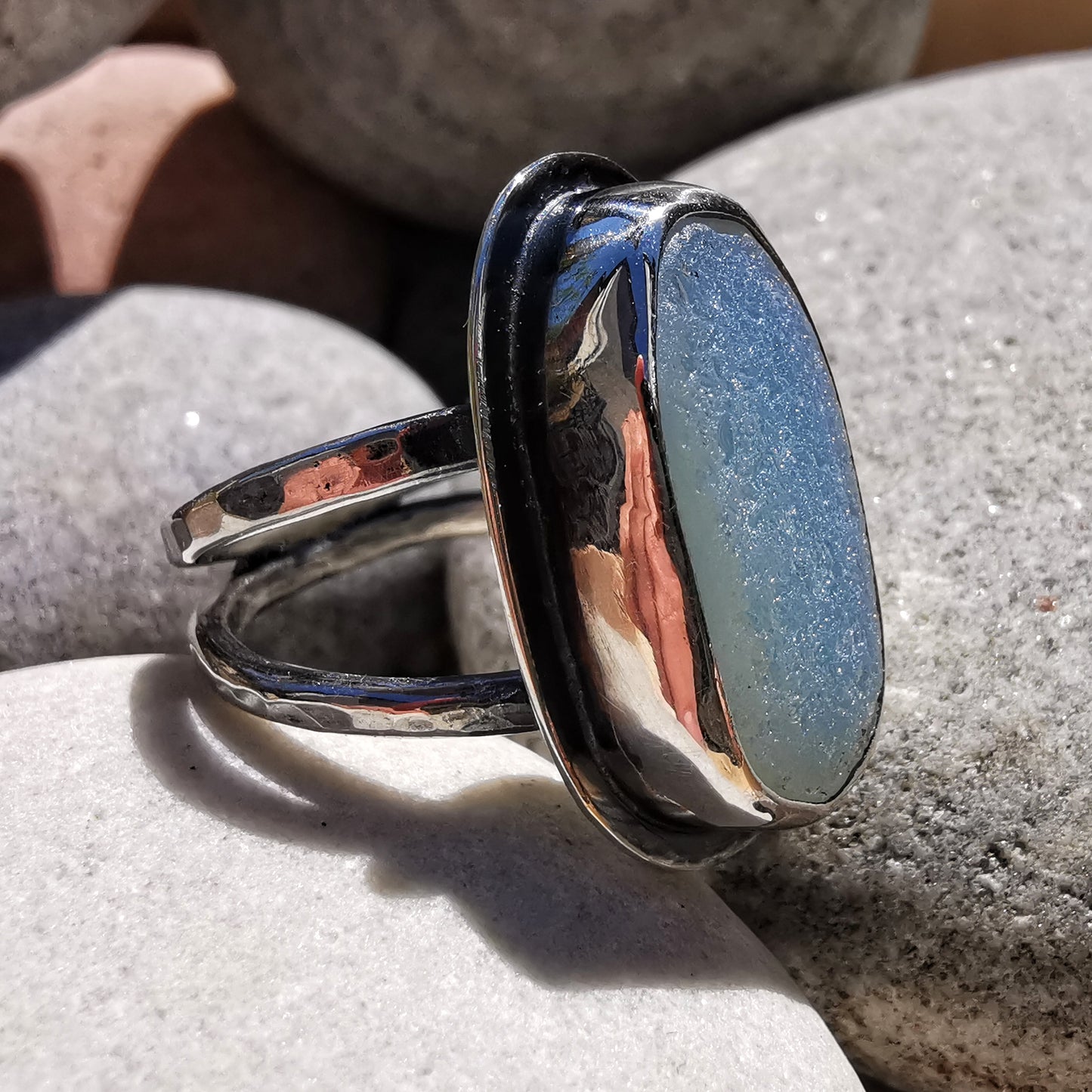 Seaham opalescent sea glass & sterling silver ring.