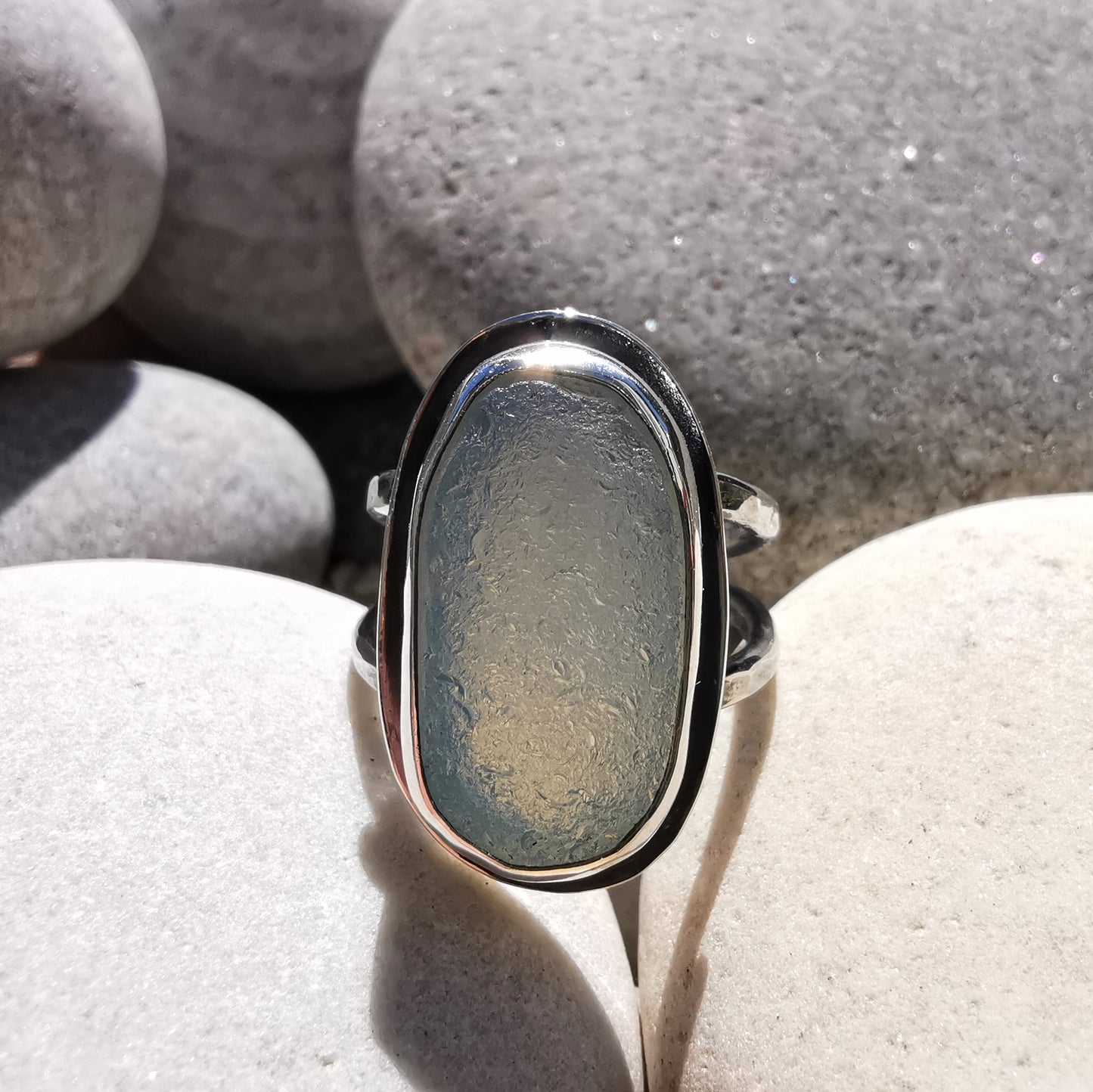 Seaham opalescent sea glass & sterling silver ring.