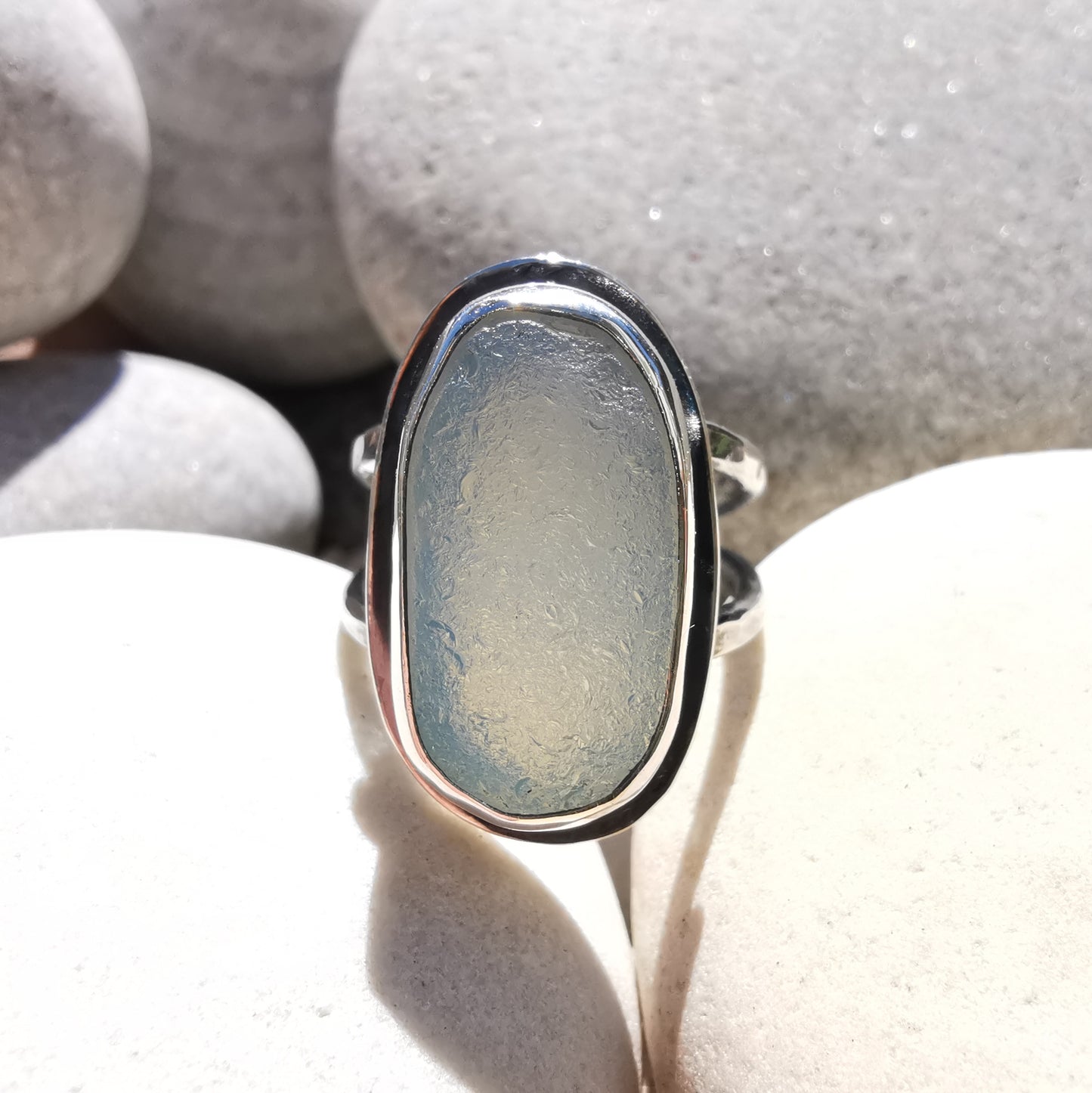 Seaham opalescent sea glass & sterling silver ring.