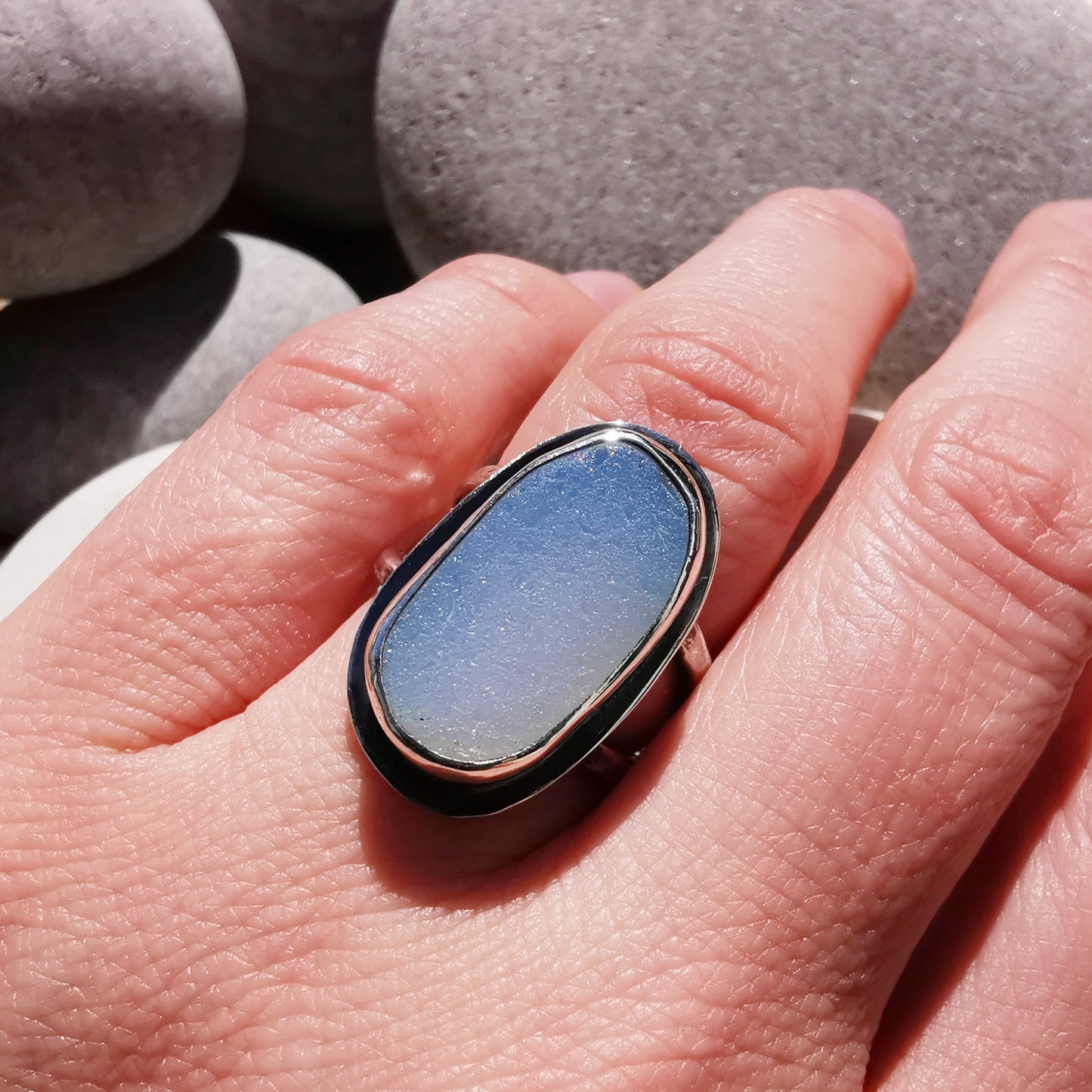 Seaham opalescent sea glass & sterling silver ring.