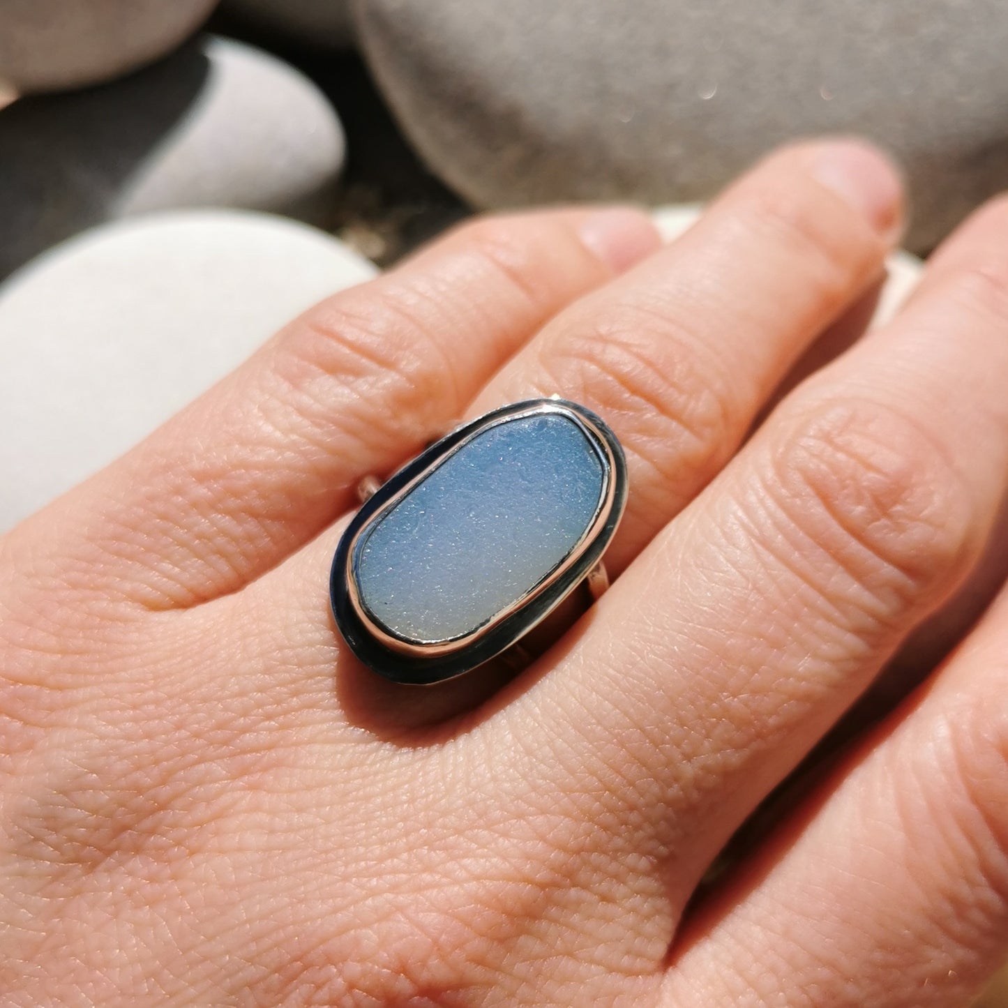 Seaham opalescent sea glass & sterling silver ring.