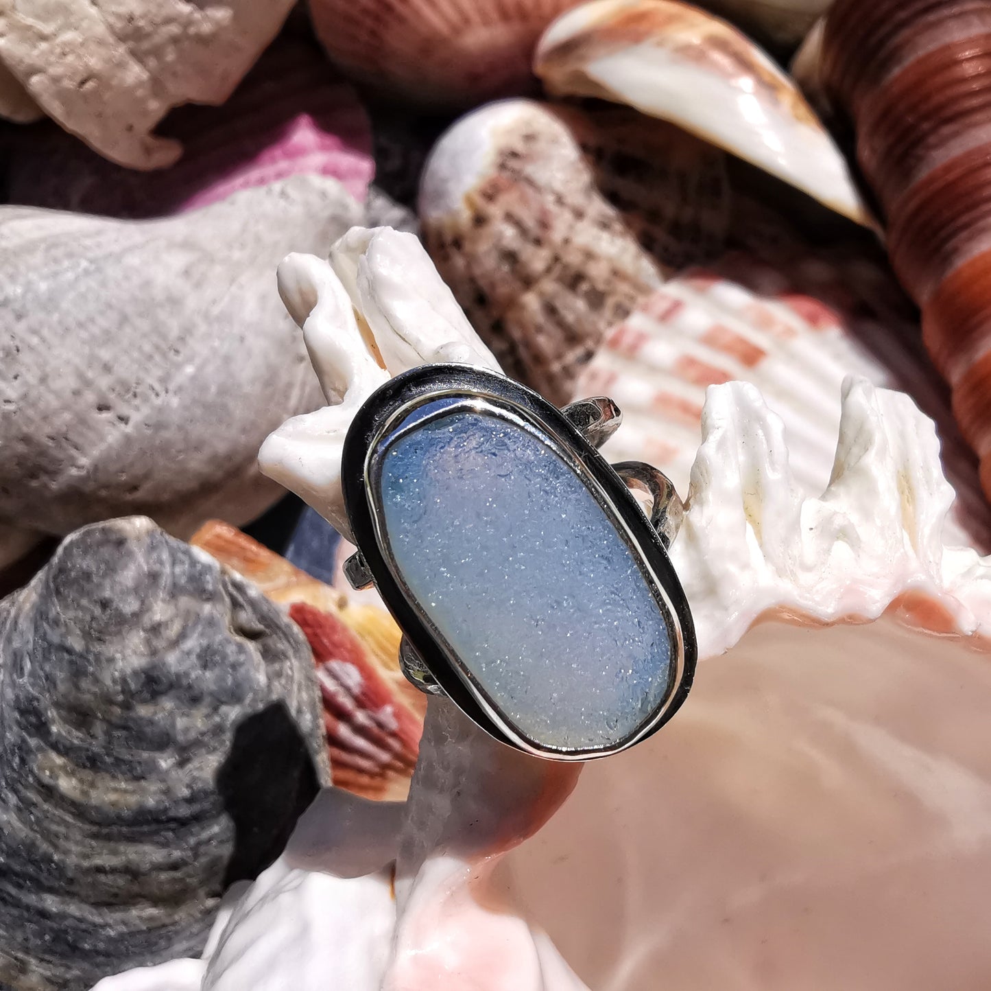 Seaham opalescent sea glass & sterling silver ring.