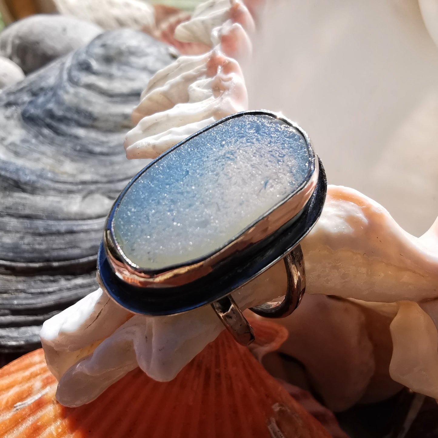 Seaham opalescent sea glass & sterling silver ring.