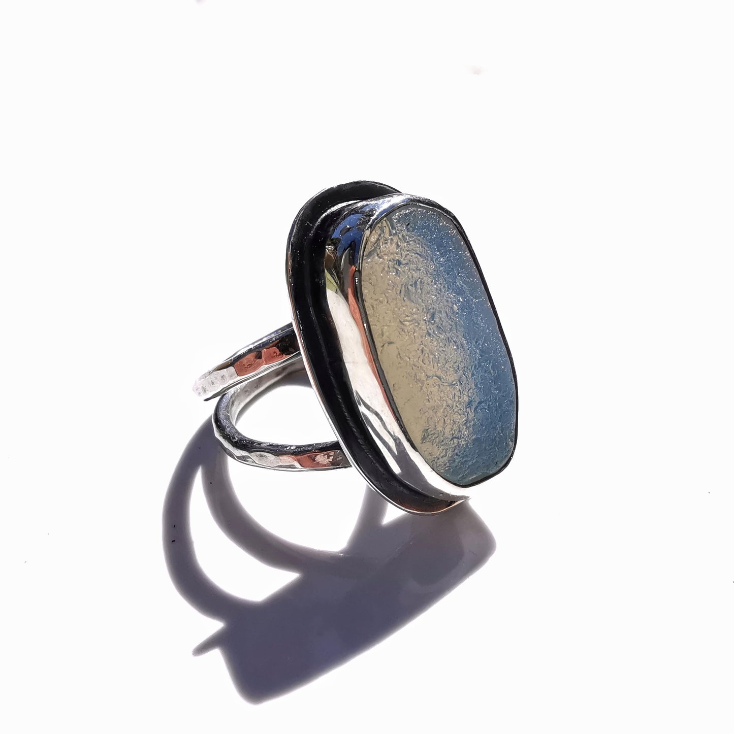 Seaham opalescent sea glass & sterling silver ring.