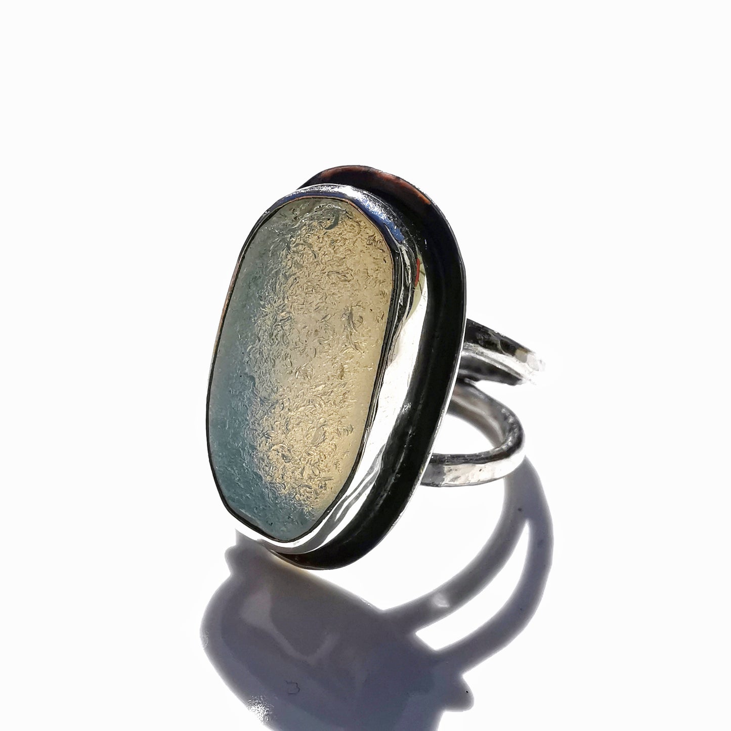 Seaham opalescent sea glass & sterling silver ring.