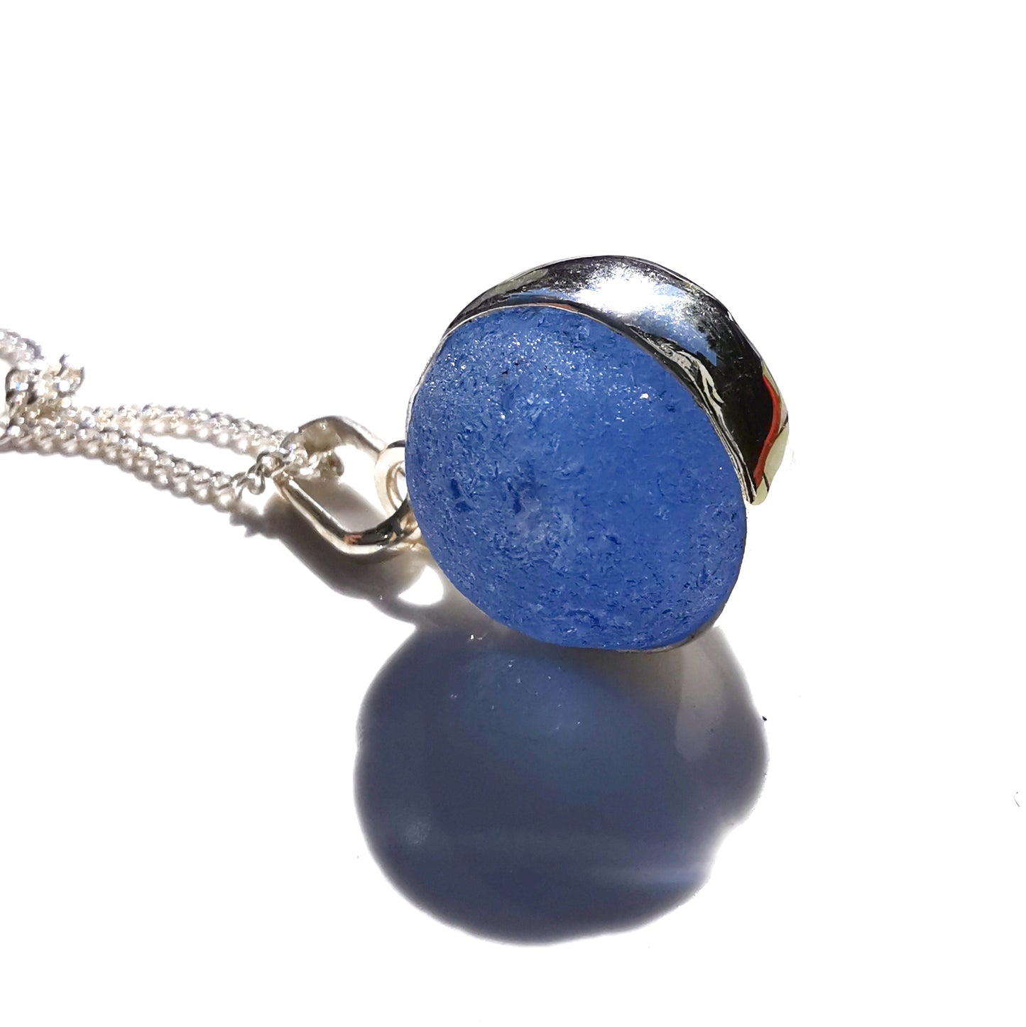 Scottish blue and white sea glass marble & sterling silver pendant.