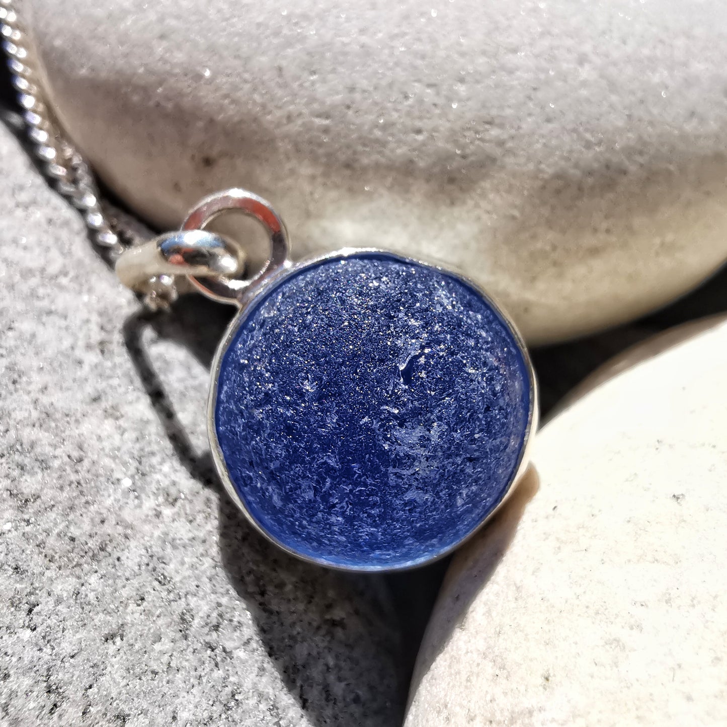 Scottish blue and white sea glass marble & sterling silver pendant.