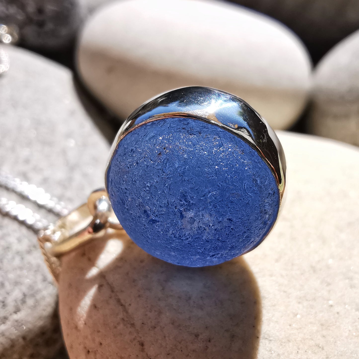Scottish blue and white sea glass marble & sterling silver pendant.