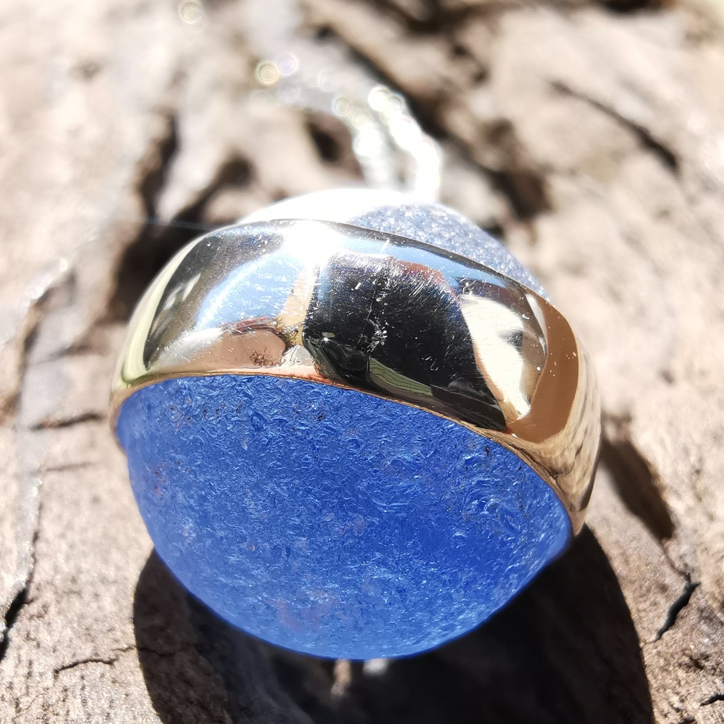 Scottish blue and white sea glass marble & sterling silver pendant.