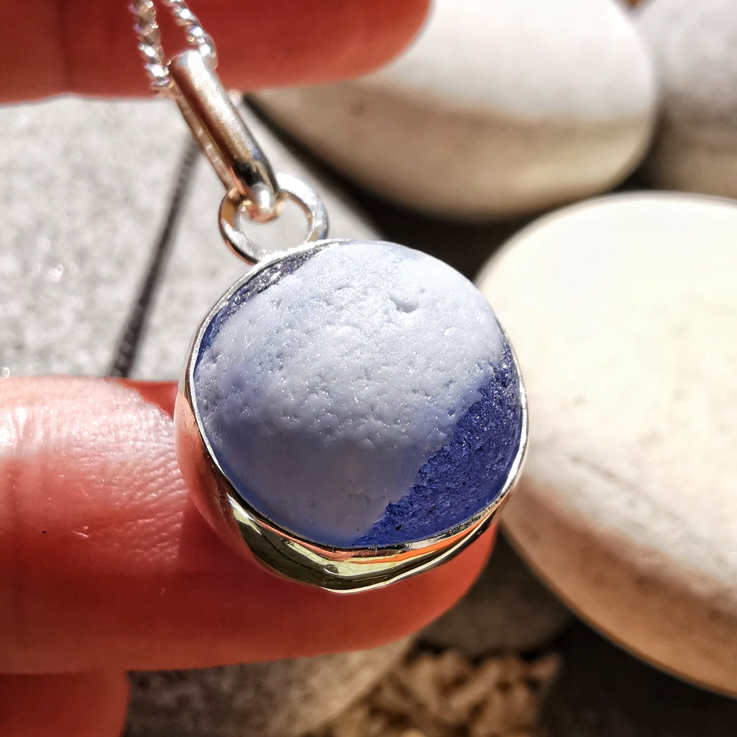 Scottish blue and white sea glass marble & sterling silver pendant.