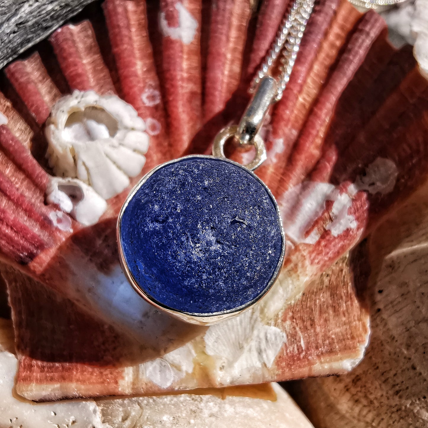 Scottish blue and white sea glass marble & sterling silver pendant.
