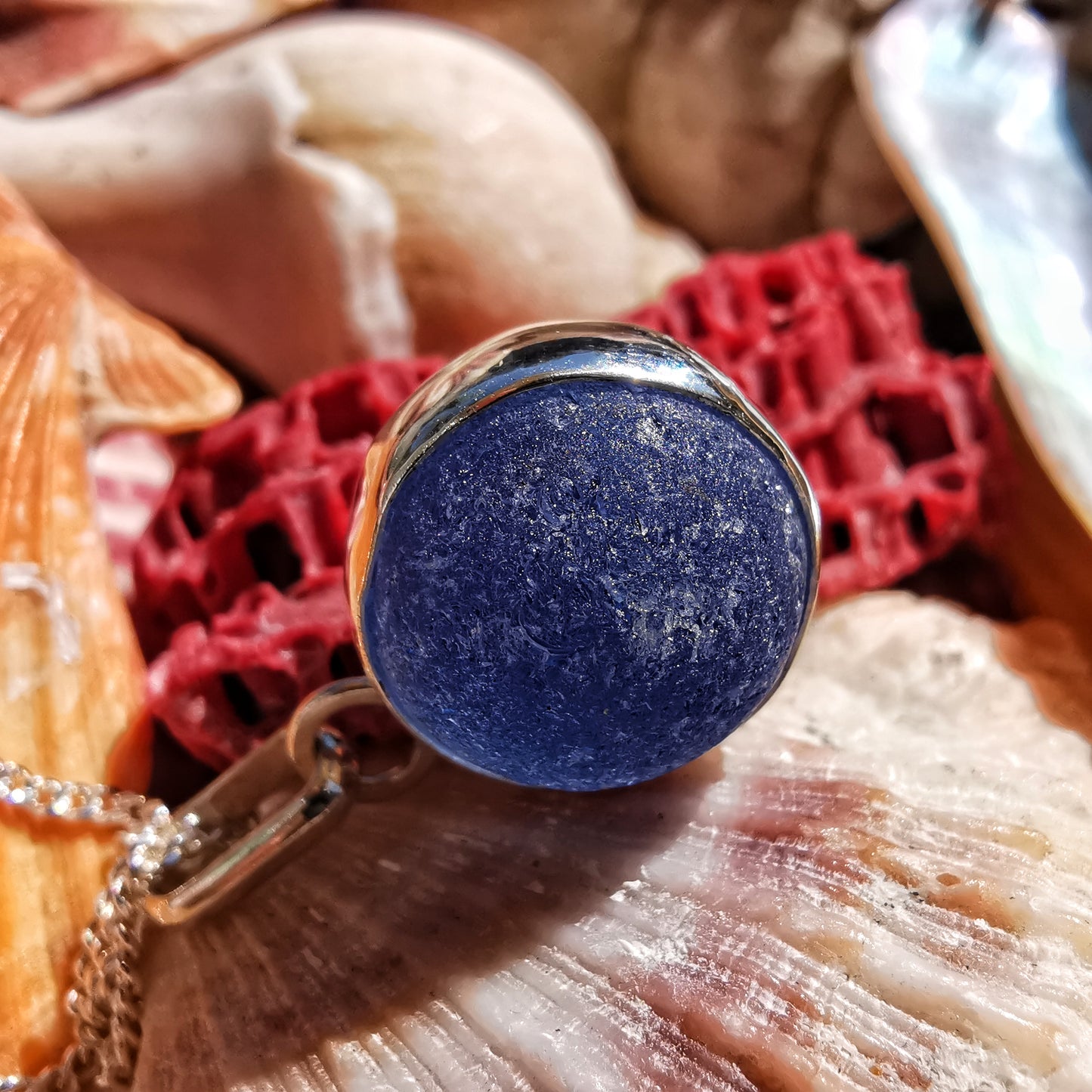Scottish blue and white sea glass marble & sterling silver pendant.