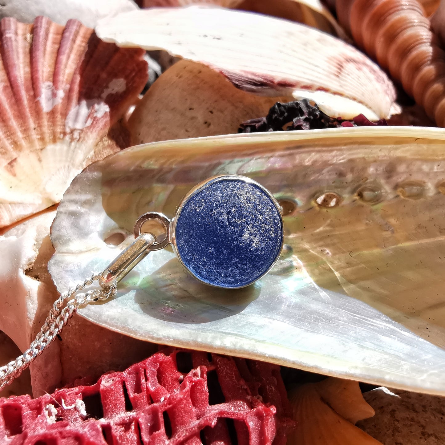 Scottish blue and white sea glass marble & sterling silver pendant.