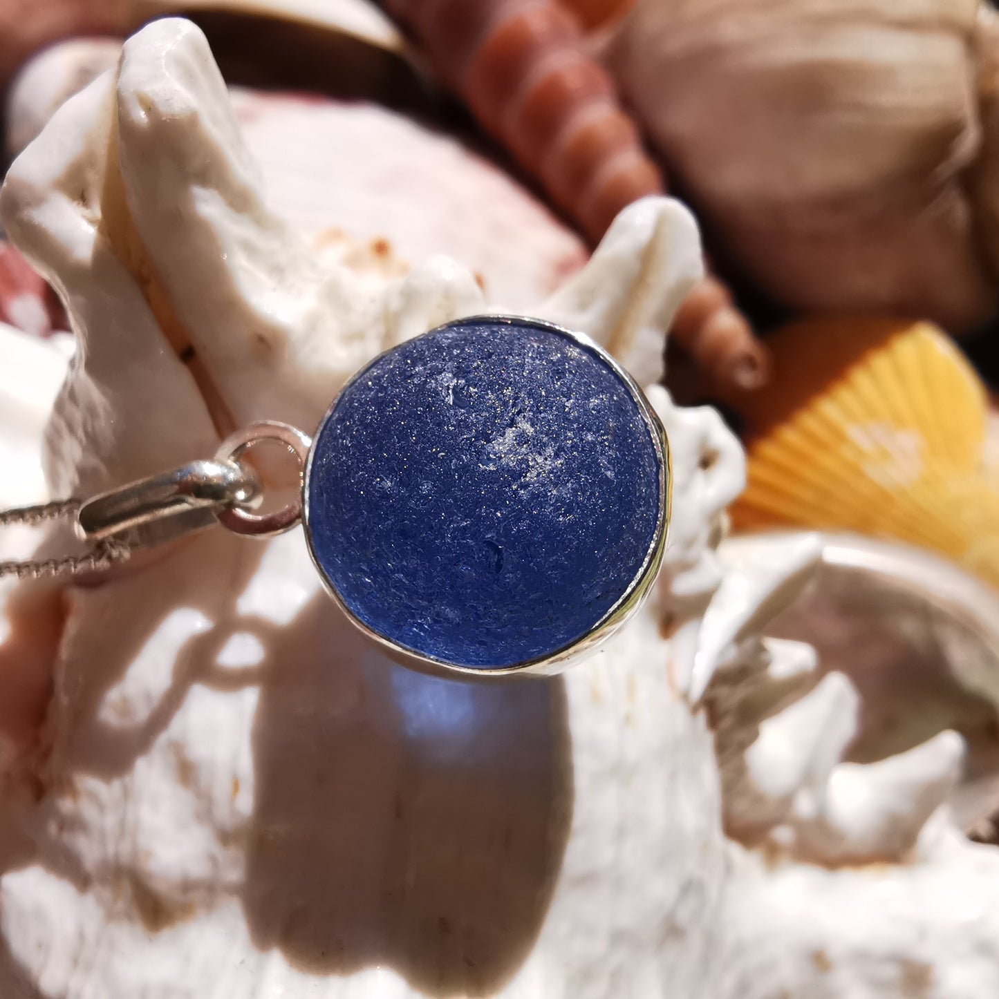 Scottish blue and white sea glass marble & sterling silver pendant.
