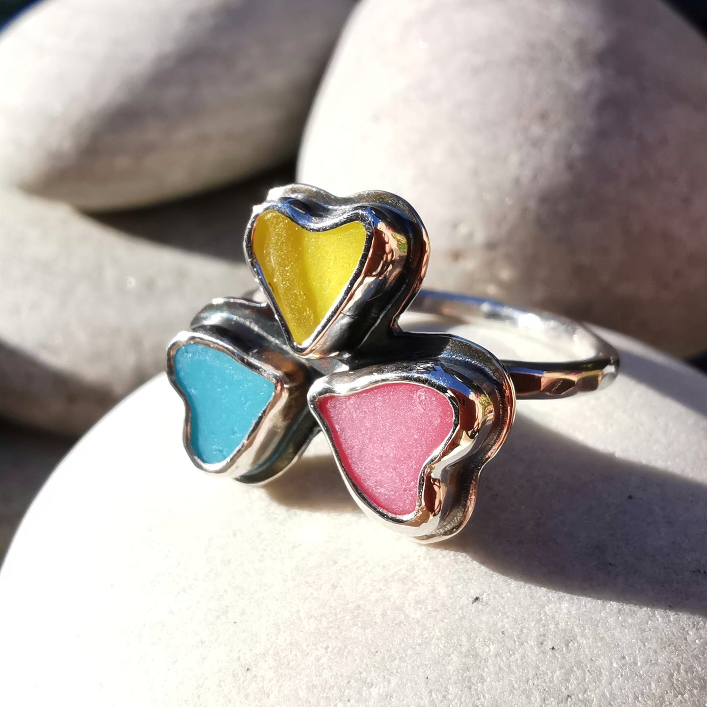 Colourful clover, sea glass hearts & sterling silver ring.