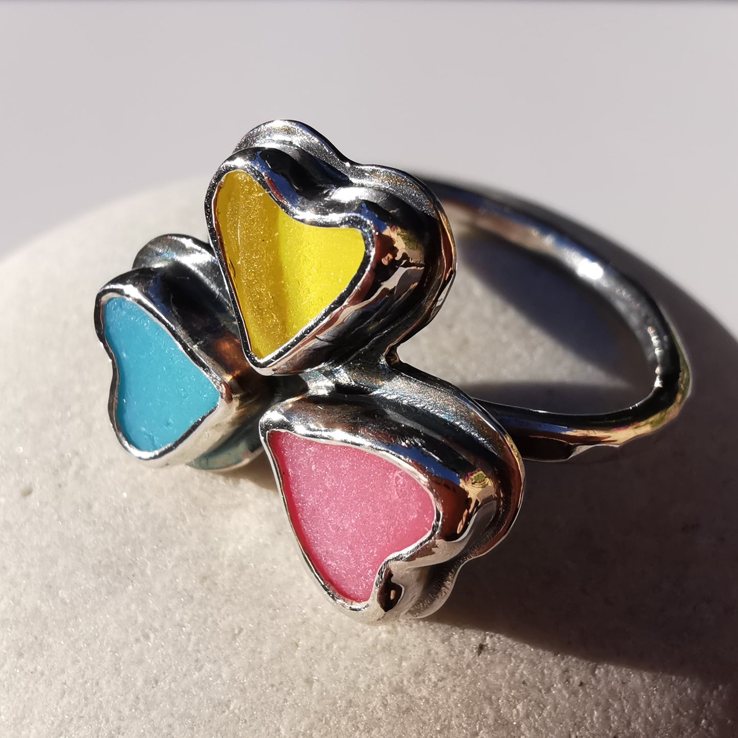 Colourful clover, sea glass hearts & sterling silver ring.