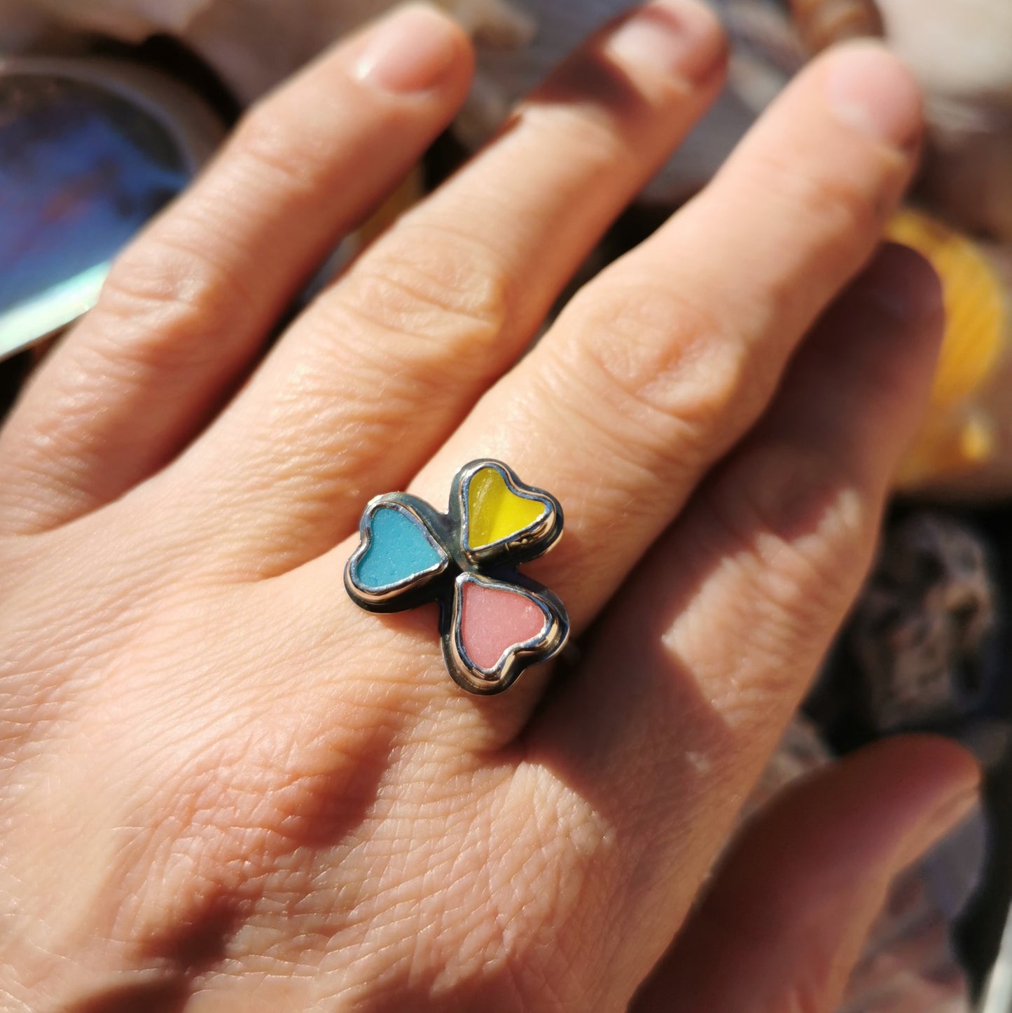Colourful clover, sea glass hearts & sterling silver ring.