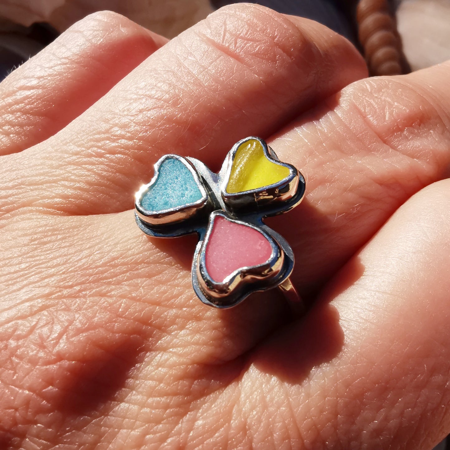 Colourful clover, sea glass hearts & sterling silver ring.