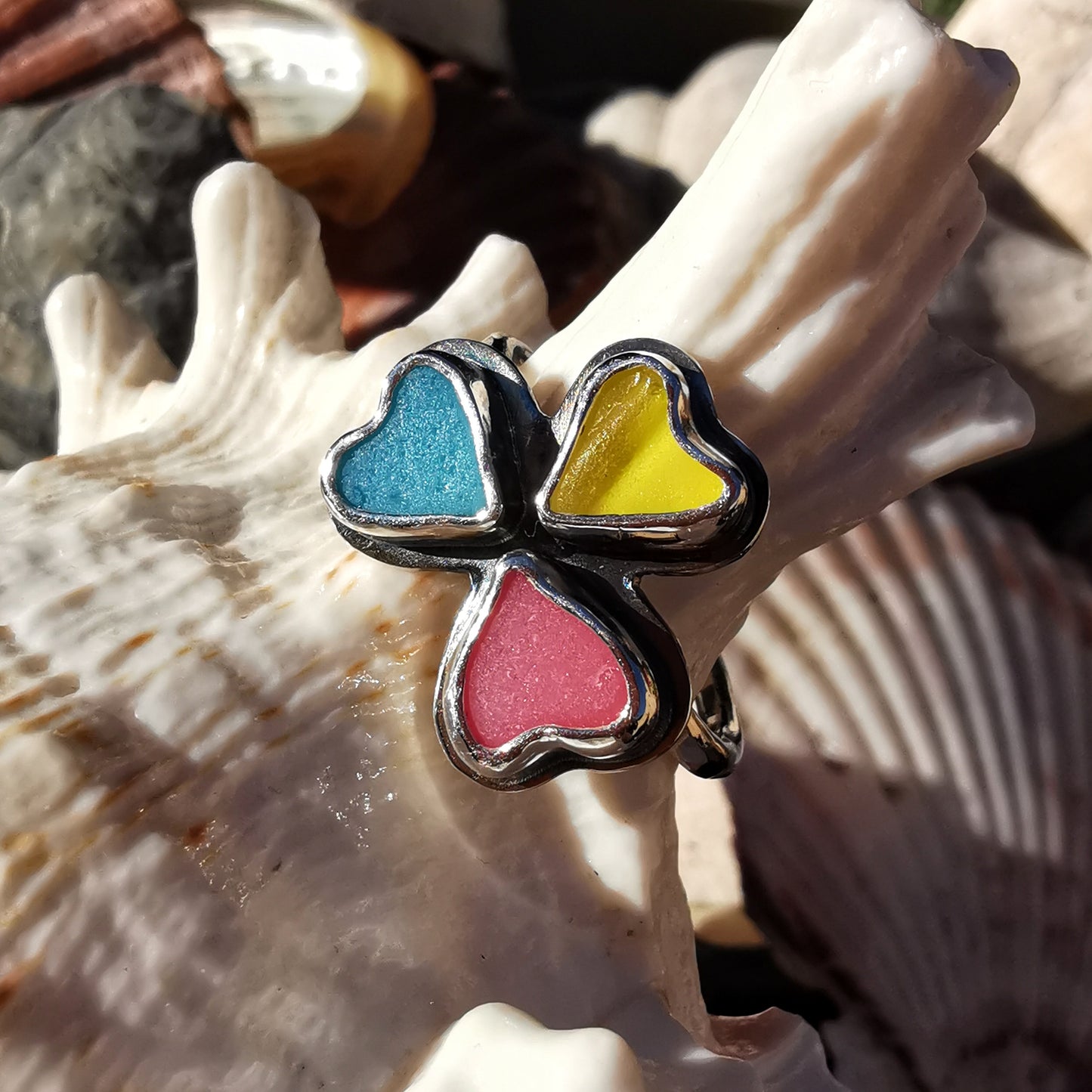 Colourful clover, sea glass hearts & sterling silver ring.