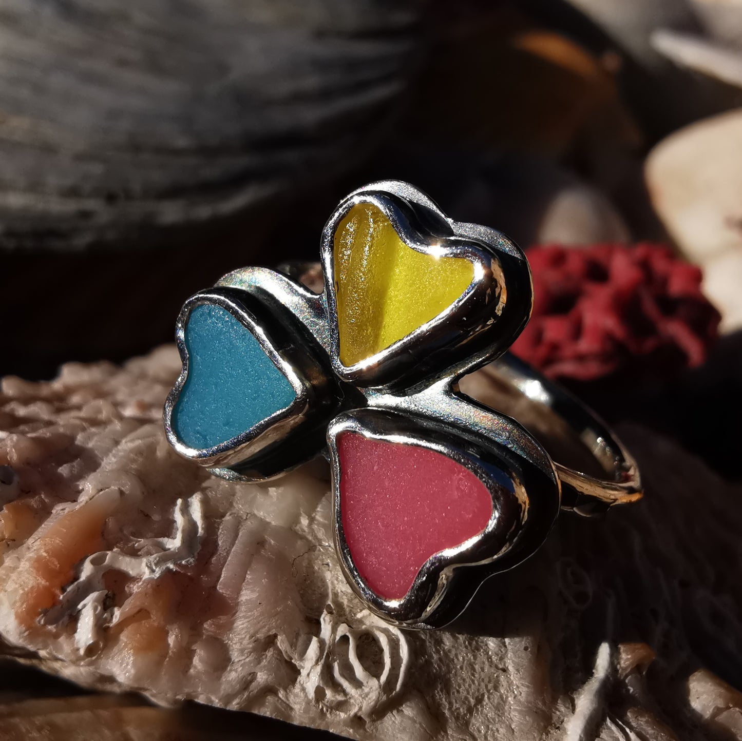 Colourful clover, sea glass hearts & sterling silver ring.