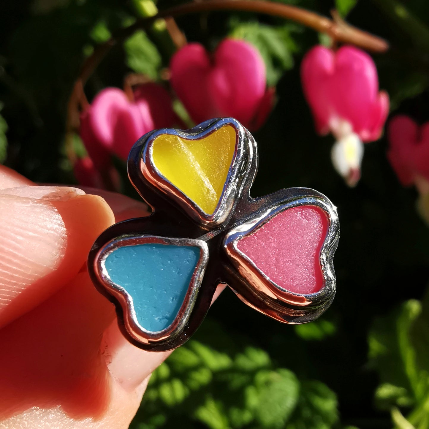Colourful clover, sea glass hearts & sterling silver ring.