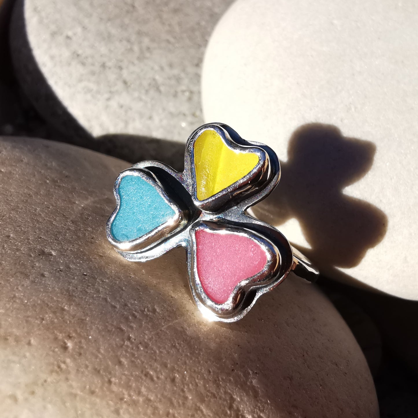 Colourful clover, sea glass hearts & sterling silver ring.