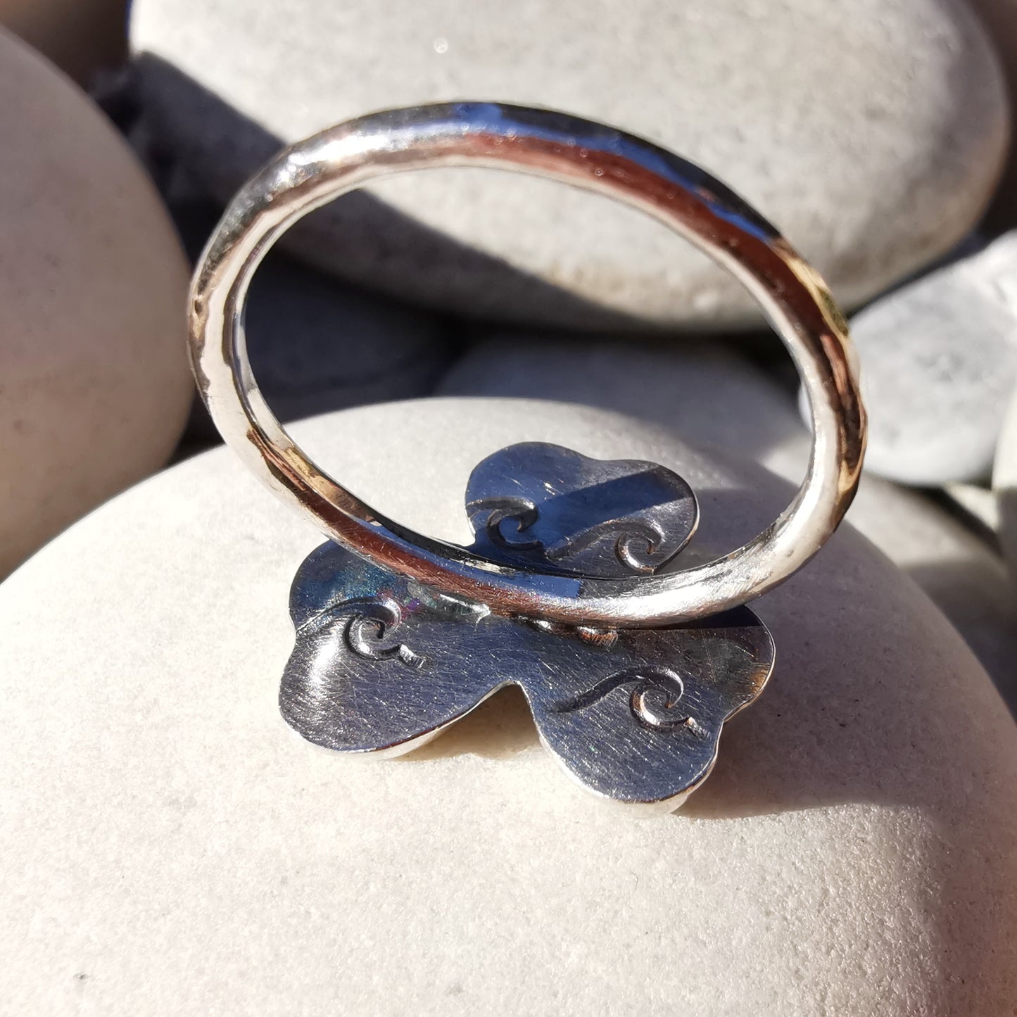 Colourful clover, sea glass hearts & sterling silver ring.