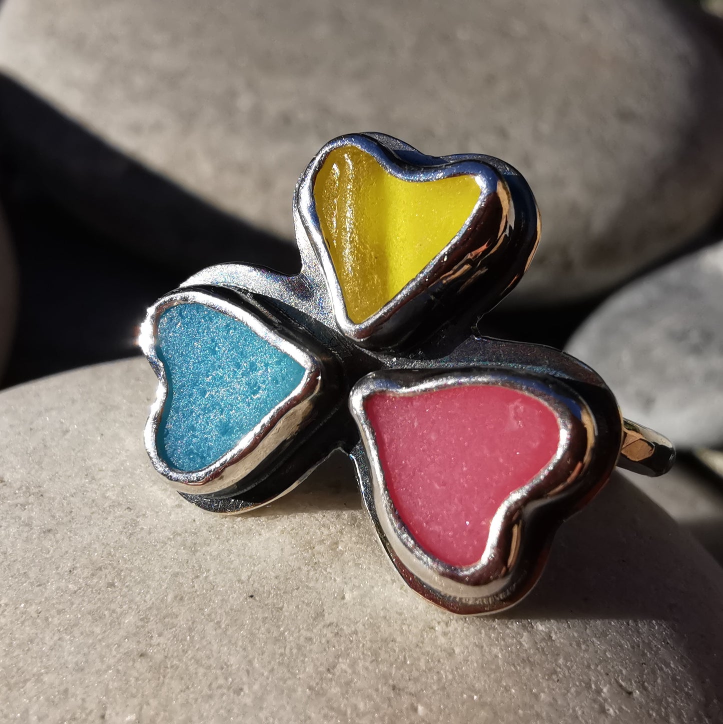 Colourful clover, sea glass hearts & sterling silver ring.