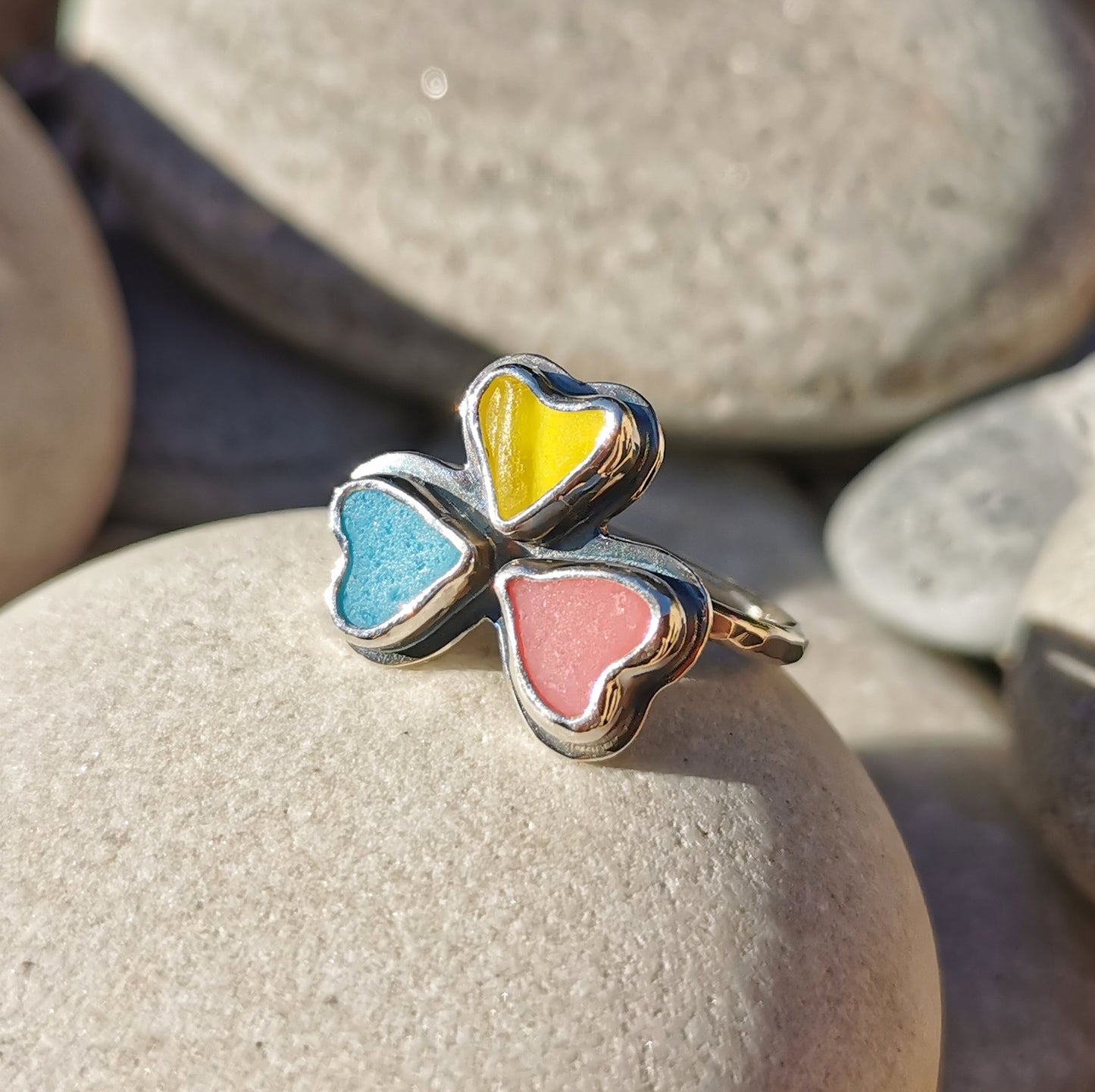 Colourful clover, sea glass hearts & sterling silver ring.