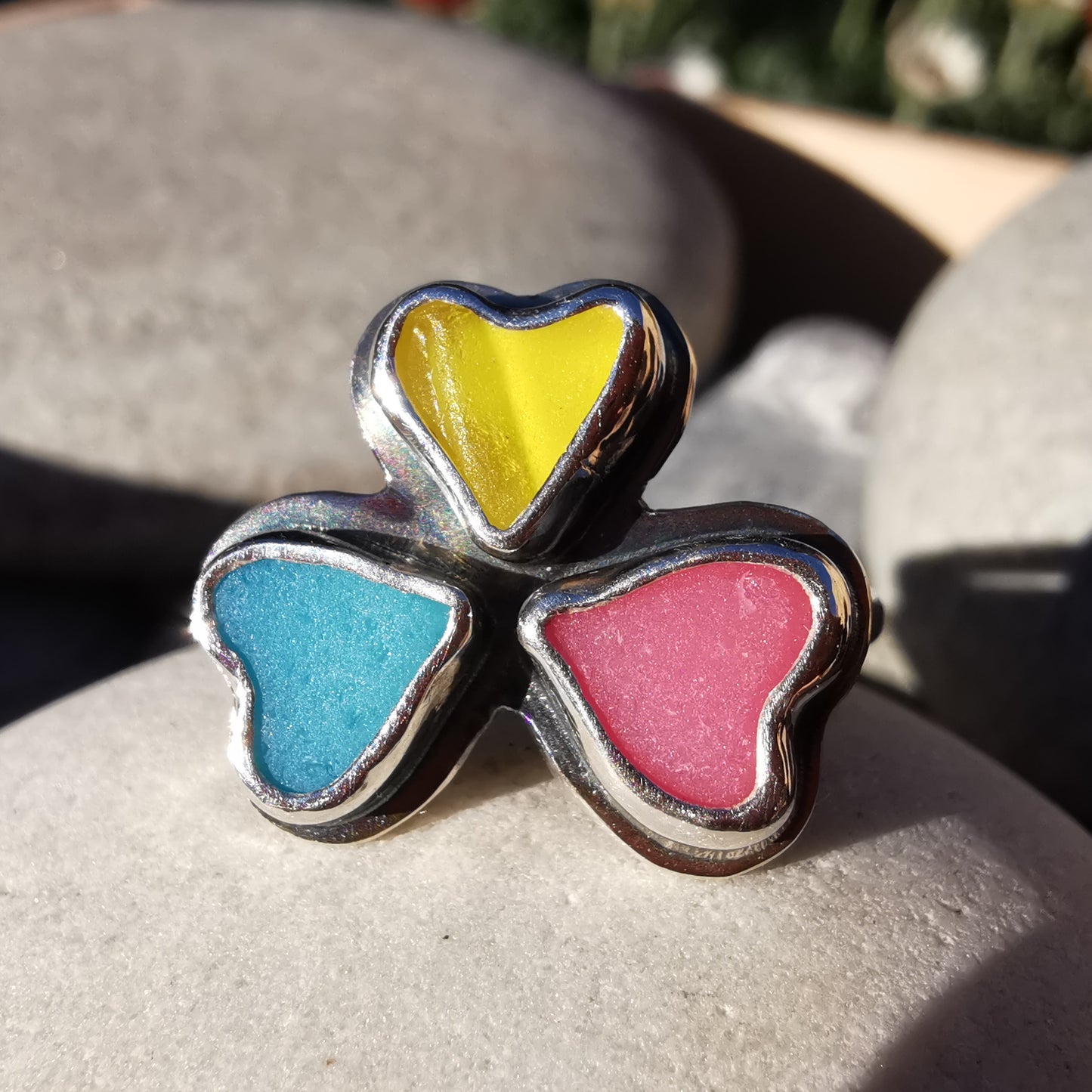 Colourful clover, sea glass hearts & sterling silver ring.