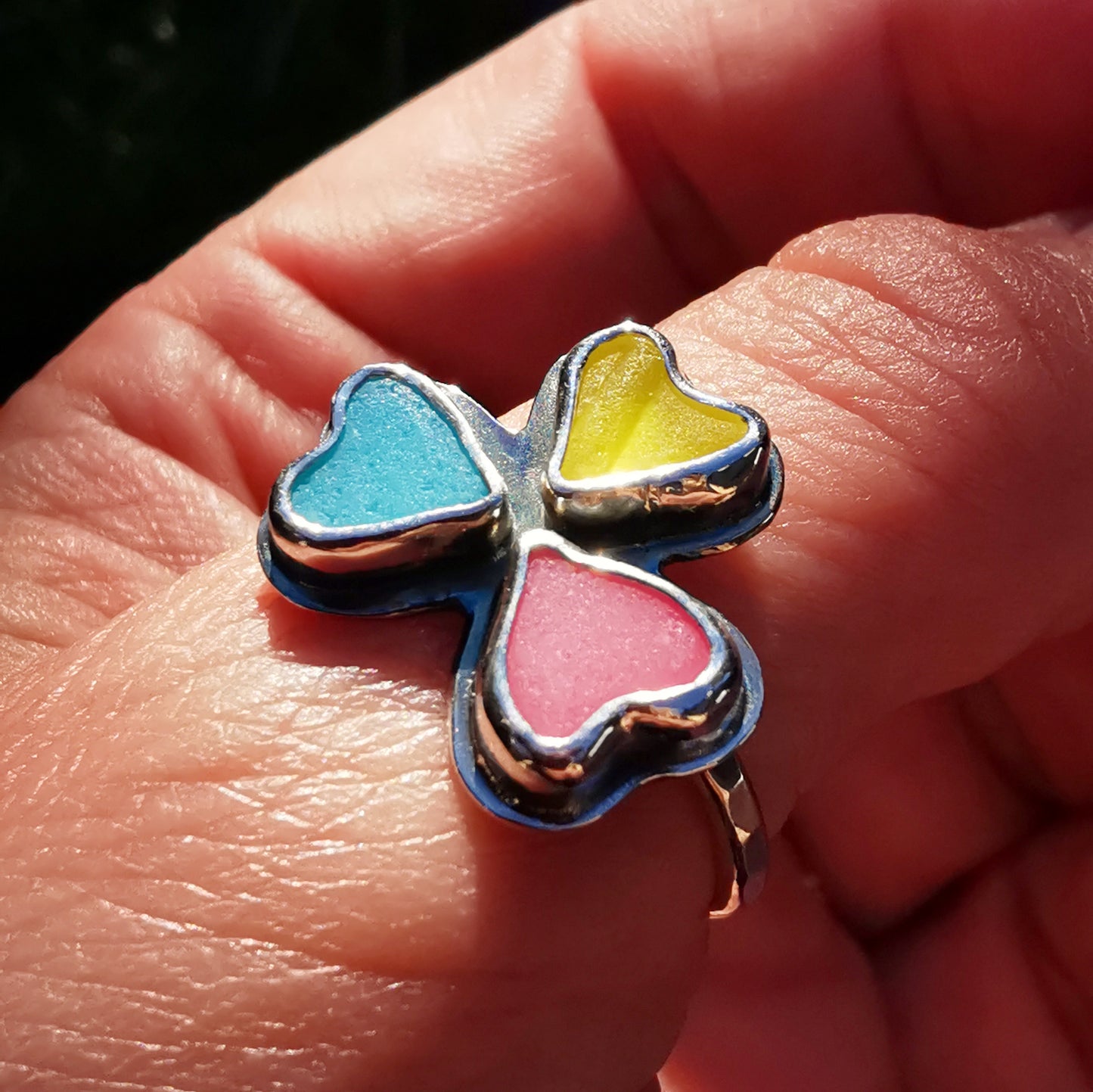 Colourful clover, sea glass hearts & sterling silver ring.