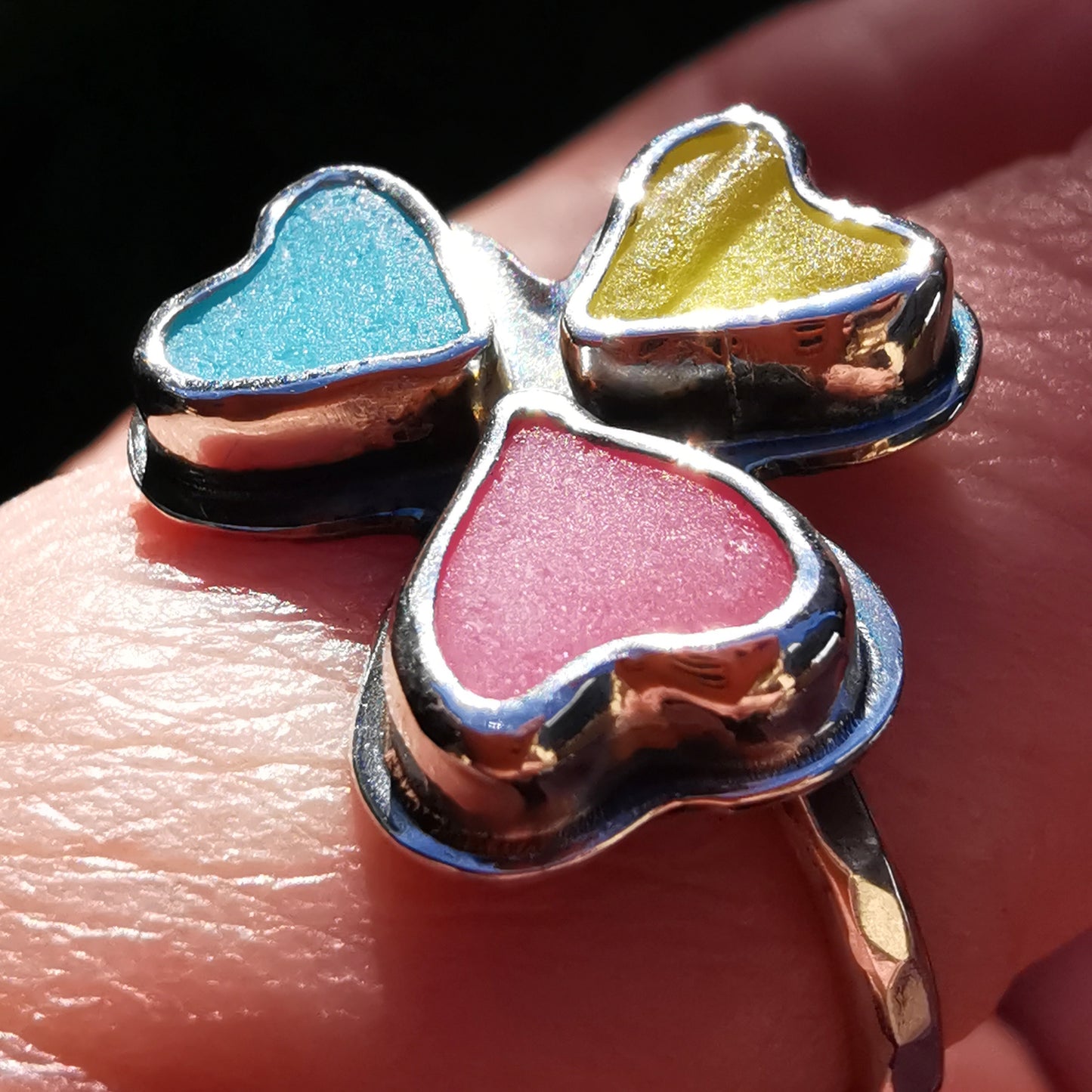 Colourful clover, sea glass hearts & sterling silver ring.