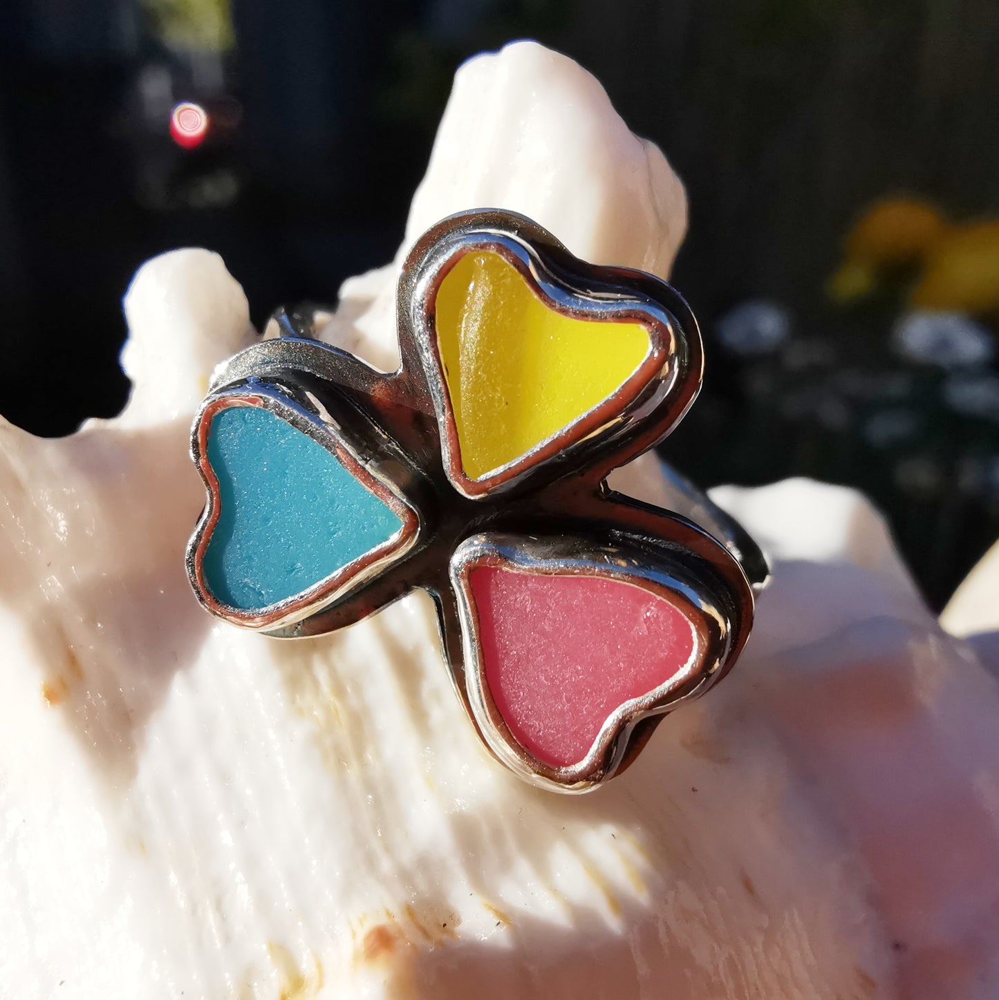 Colourful clover, sea glass hearts & sterling silver ring.