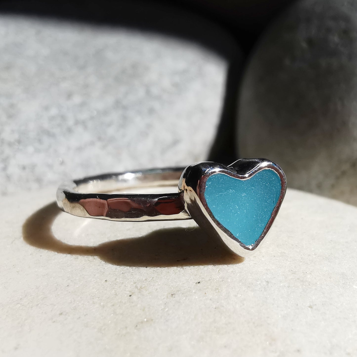 Tiny Scottish aquamarine blue glass heart & sterling silver ring.