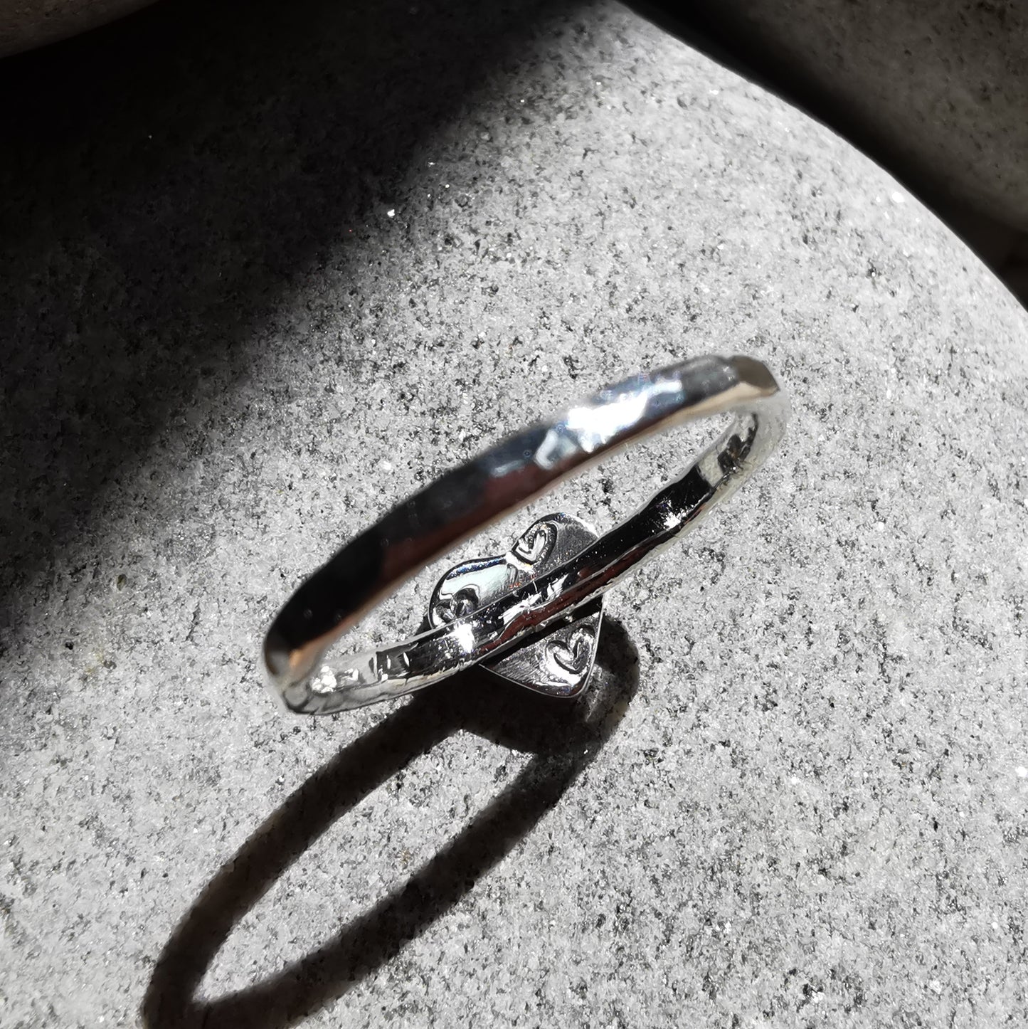 Tiny Scottish aquamarine blue glass heart & sterling silver ring.