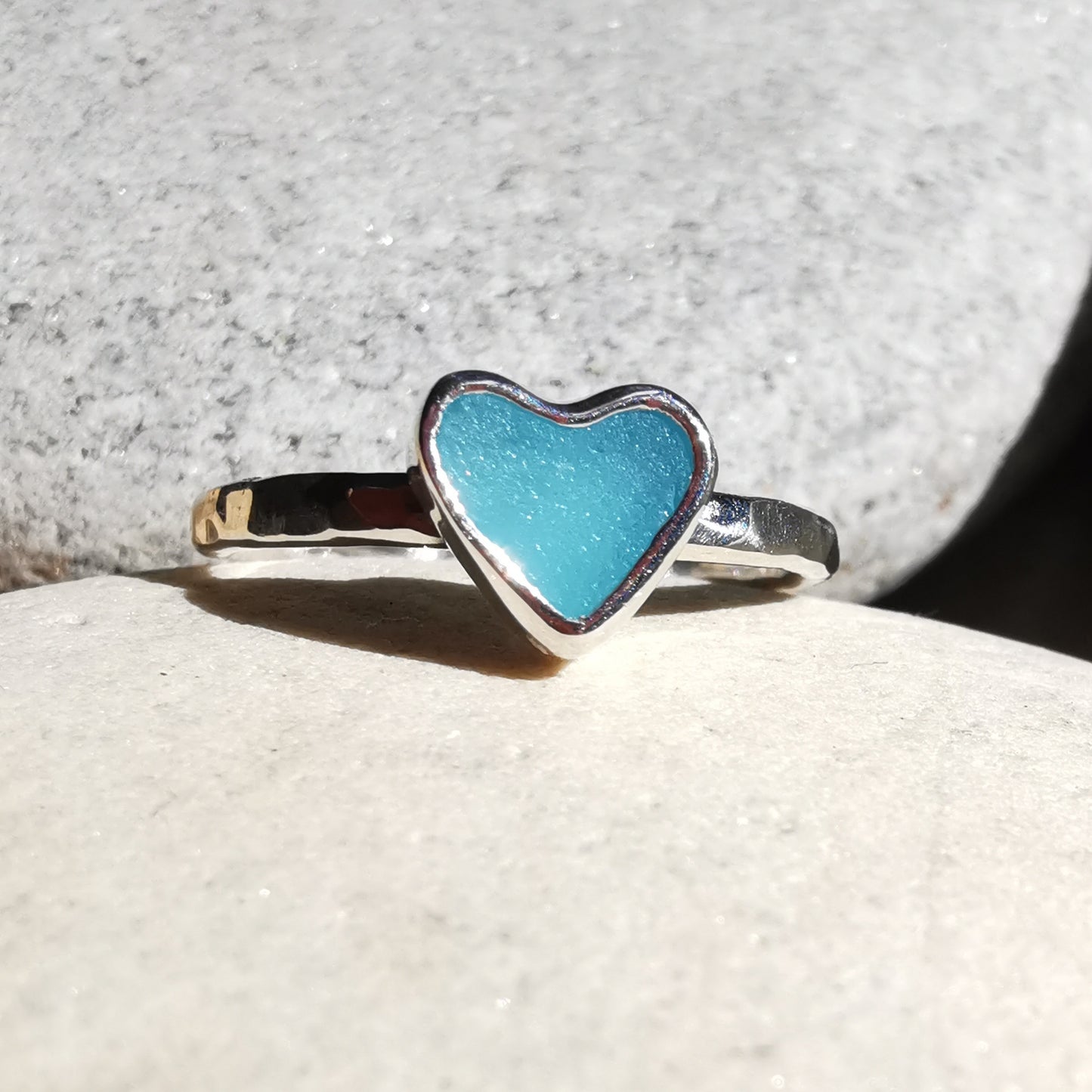 Tiny Scottish aquamarine blue glass heart & sterling silver ring.