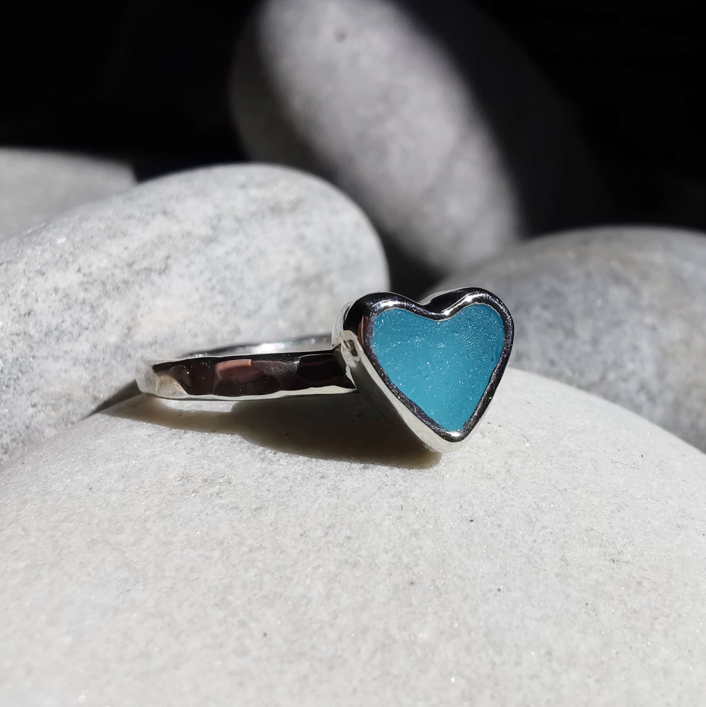 Tiny Scottish aquamarine blue glass heart & sterling silver ring.