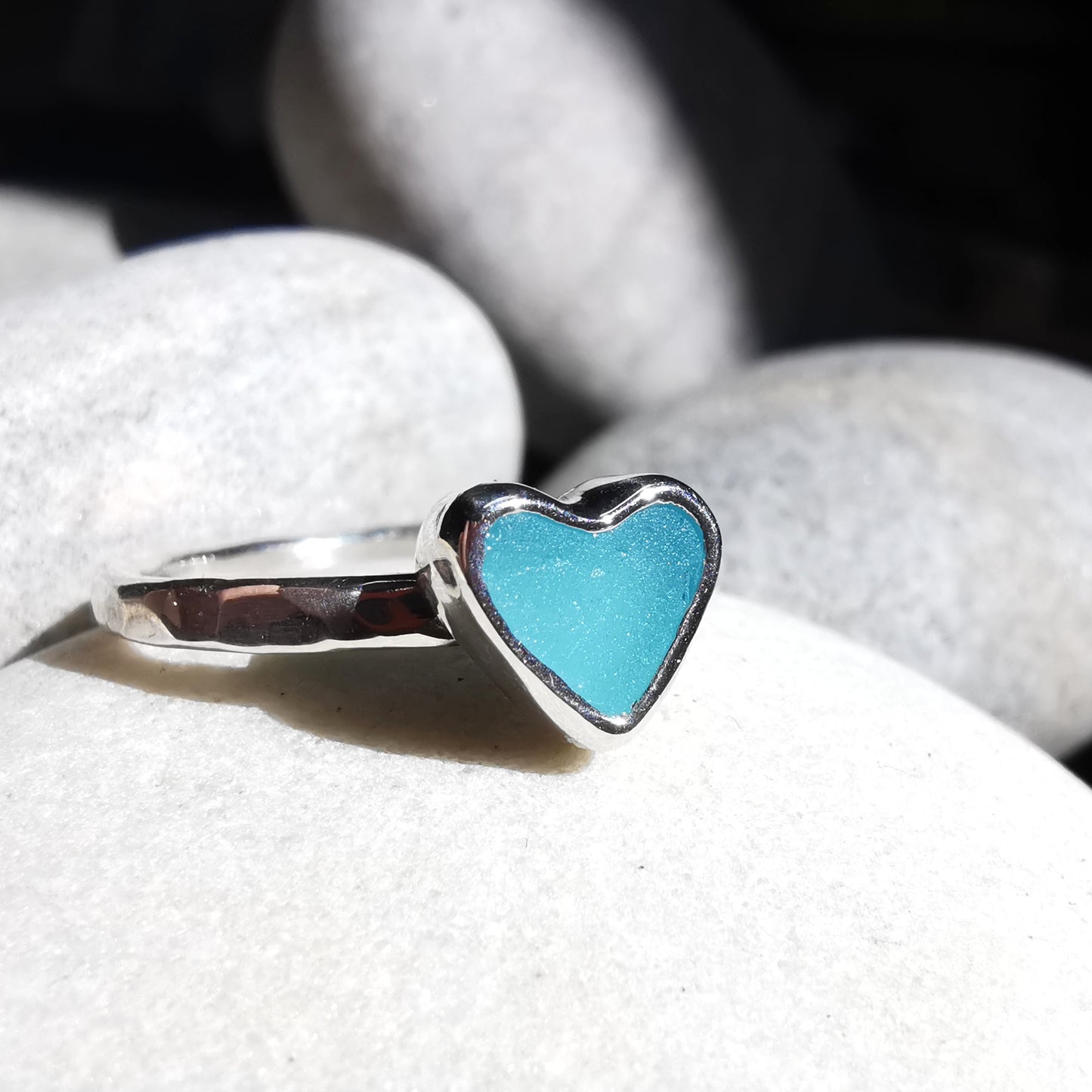 Tiny Scottish aquamarine blue glass heart & sterling silver ring.