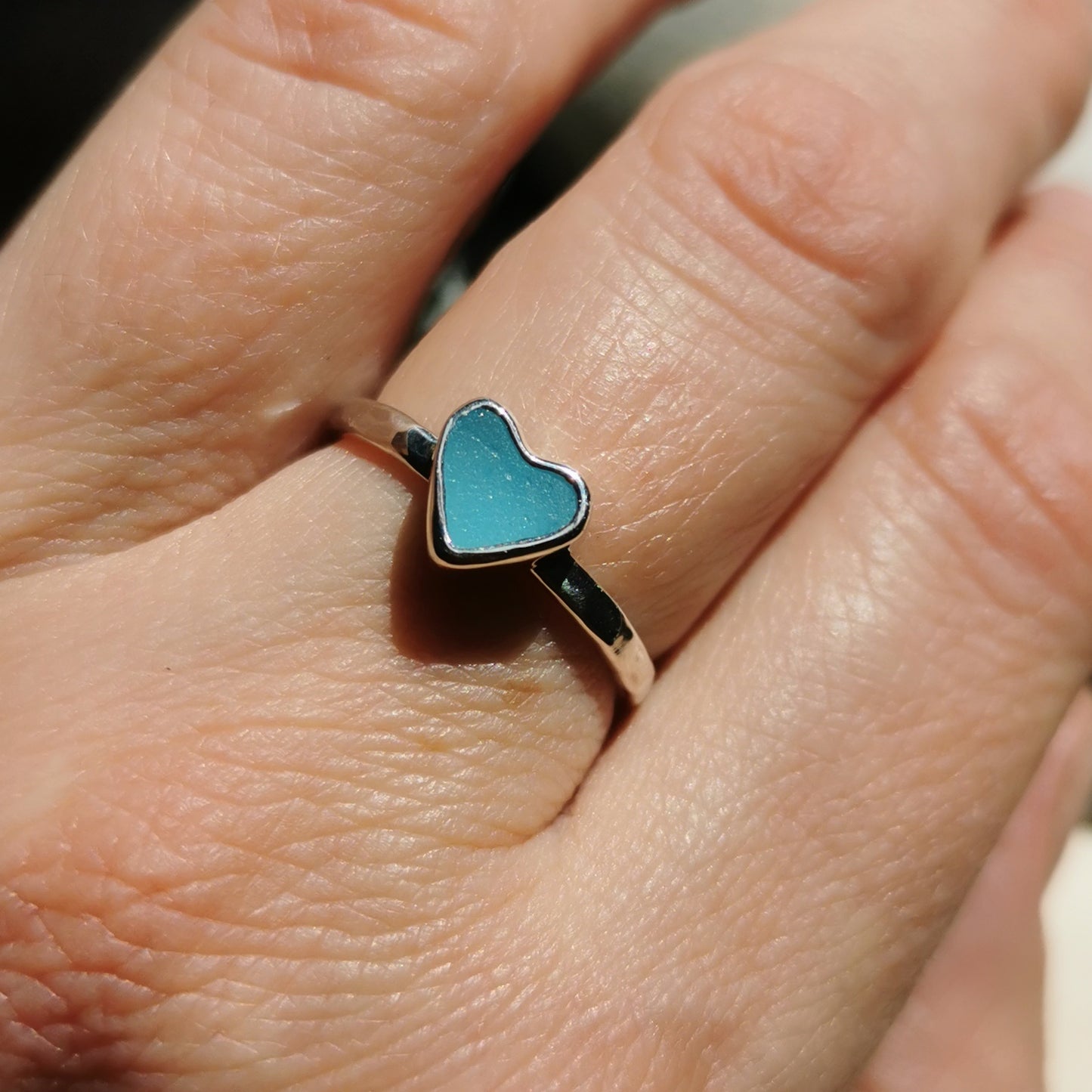 Tiny Scottish aquamarine blue glass heart & sterling silver ring.
