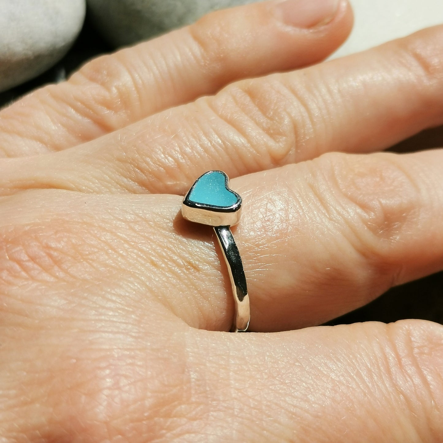 Tiny Scottish aquamarine blue glass heart & sterling silver ring.