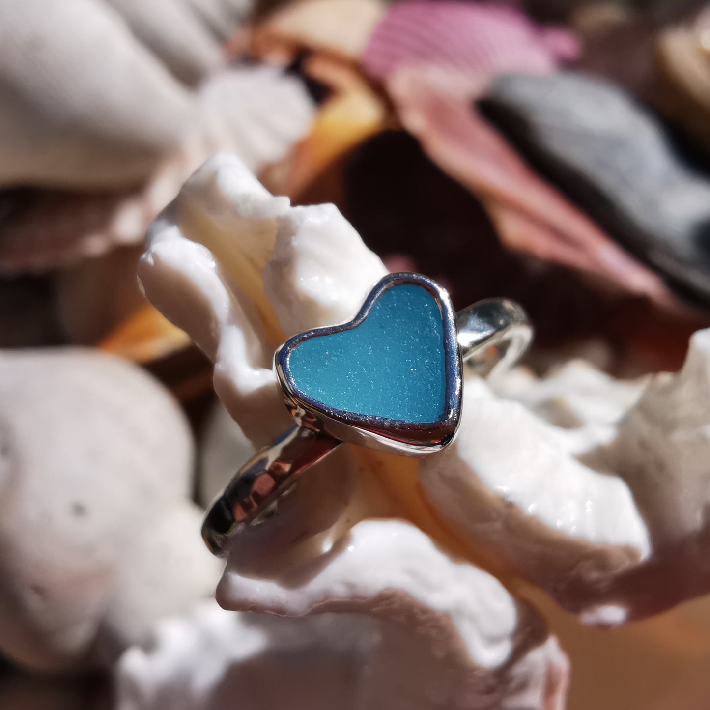 Tiny Scottish aquamarine blue glass heart & sterling silver ring.