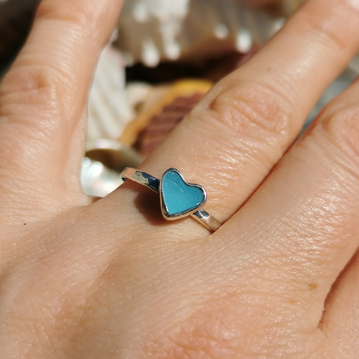 Tiny Scottish aquamarine blue glass heart & sterling silver ring.